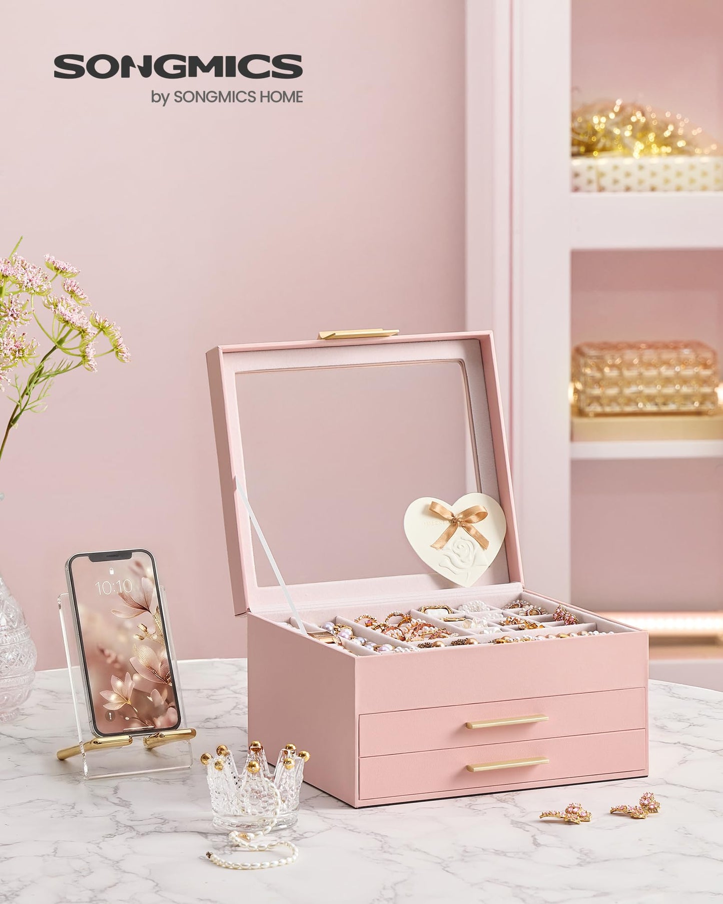 SONGMICS GISELLA Collection - Jewelry Box Organizer, 3-Layer Jewelry Storage with 2 Drawers, Shiny Metal Hardware, Glass Lid, Modern, 8 x 9.1 x 5.3 Inches, Jelly Pink and Gold Color UJBC239SA01S