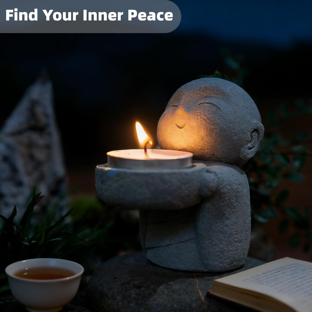 Zen Monk Incense Holder, Sandstone Ksitigarbha Statue for Mindfulness Meditation, Feng Shui Buddha Decor for Home Office, Cute Little Figurine as Candle/Tea Light Stand, Consecrated with Amulet