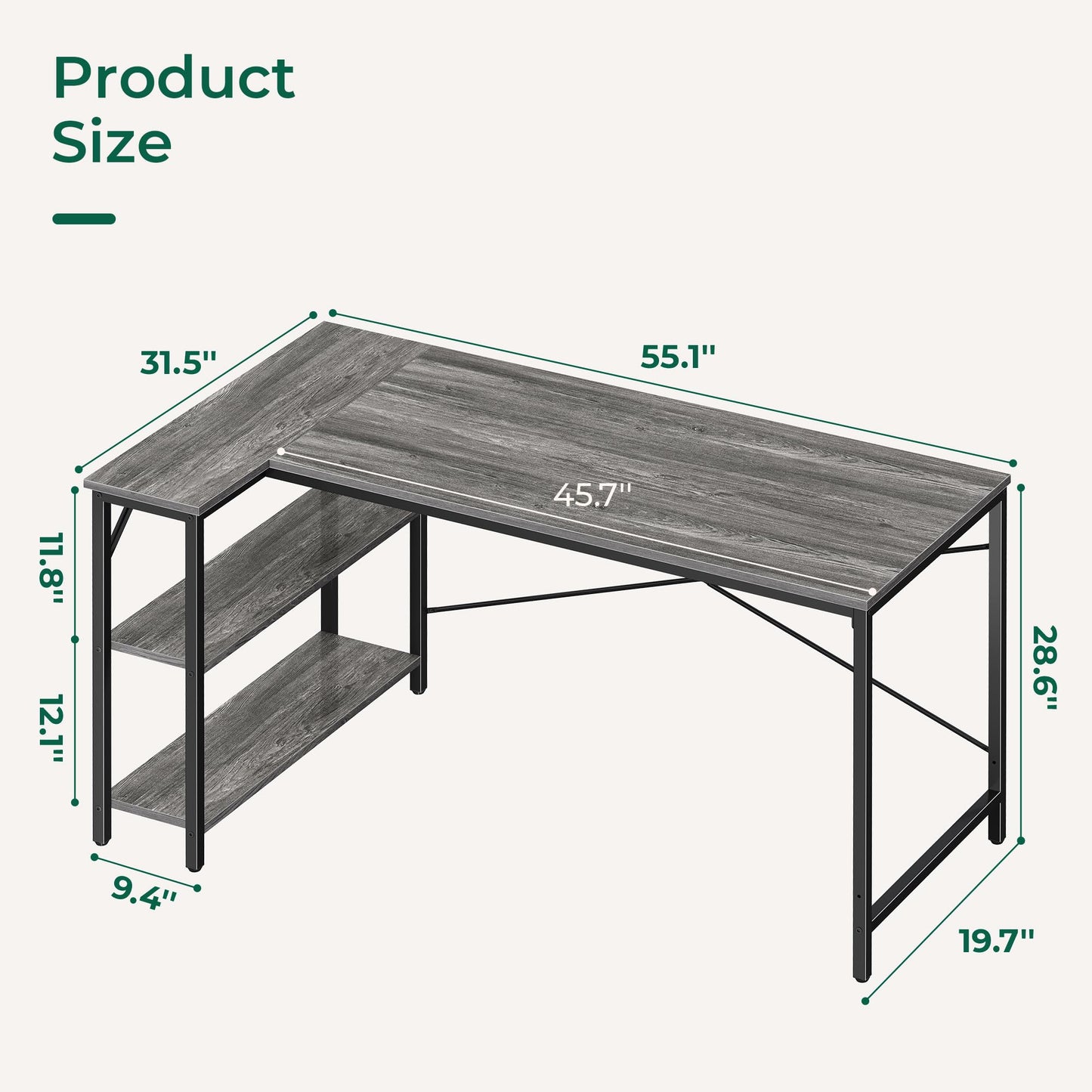 Huuger L Shaped Desk, 55 Inches Computer Desk with Reversible Storage Shelves, for Gaming Corner Home Office Writing Study, Metal Frame, Gray