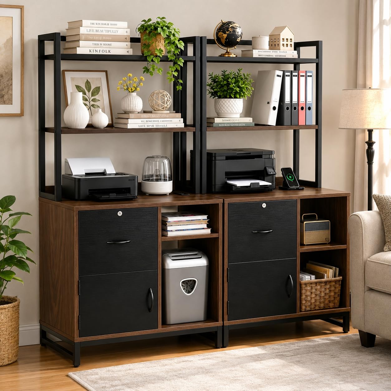 Homieasy Vertical Filing Cabinet with Lock & Charging Station, Large Drawer Wood File Cabinet with Bookshelf, Printer Stand with Open Storage Shelf, fits Letter Size for Home Office, Black and Walnut