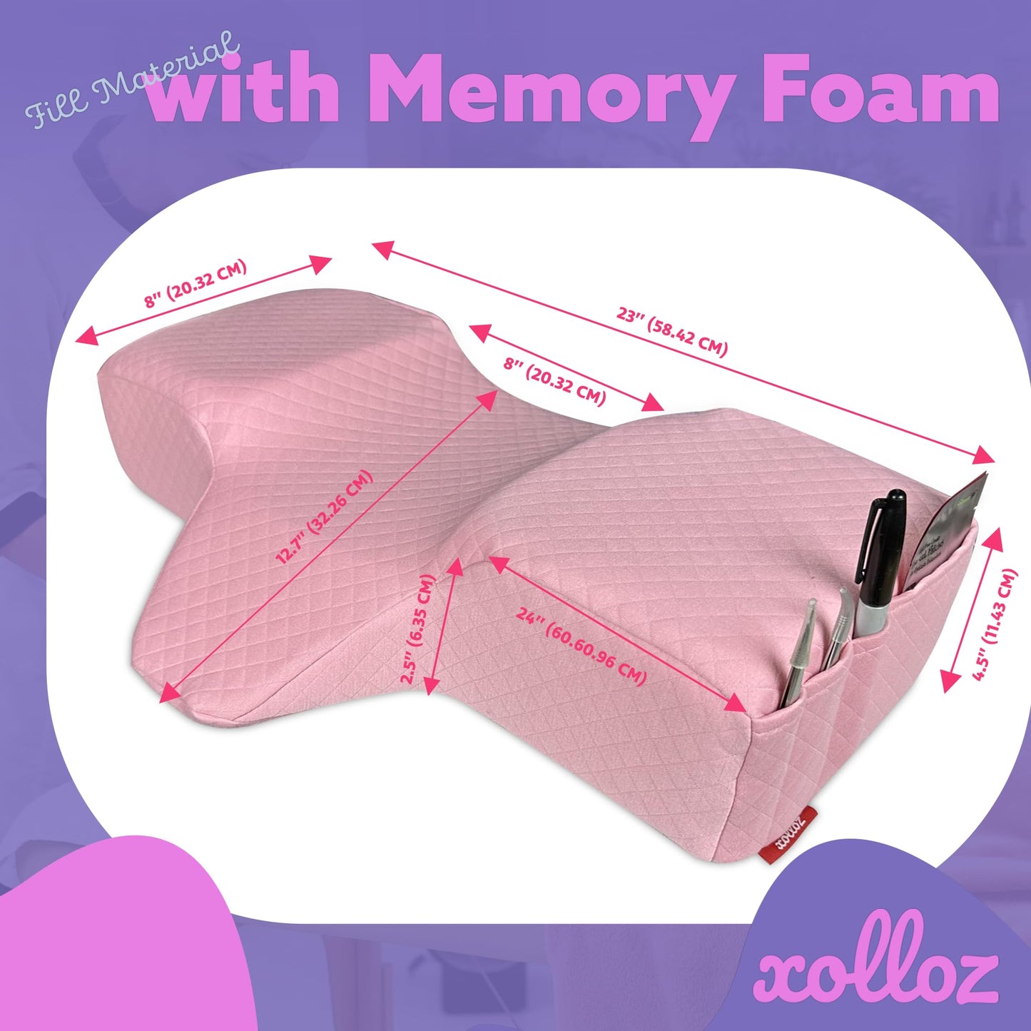 Lash Pillow for Eyelash Extensions - Curved Memory Foam Bed Pillow, Ergonomic Head Rest with Neck Support, Side Pockets for Tools, Fits Lash Beds for Tech – Pink