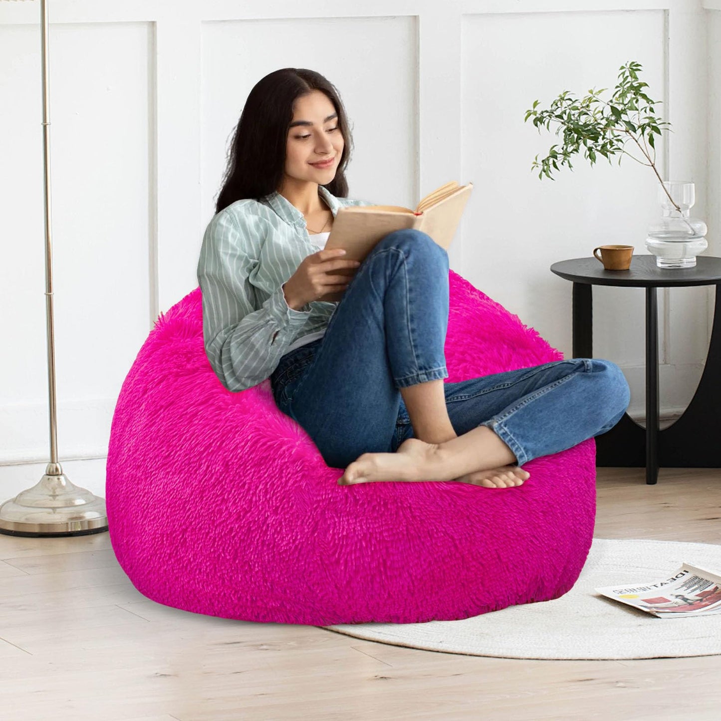 Hot Pink fluffy bean bag chair covers (No Filler), comfy Plush Hot Pink bean bag chair Cover for bedroom, stuffed animal Storage, kids adults teens girls bean bag chairs, Anti-Slip