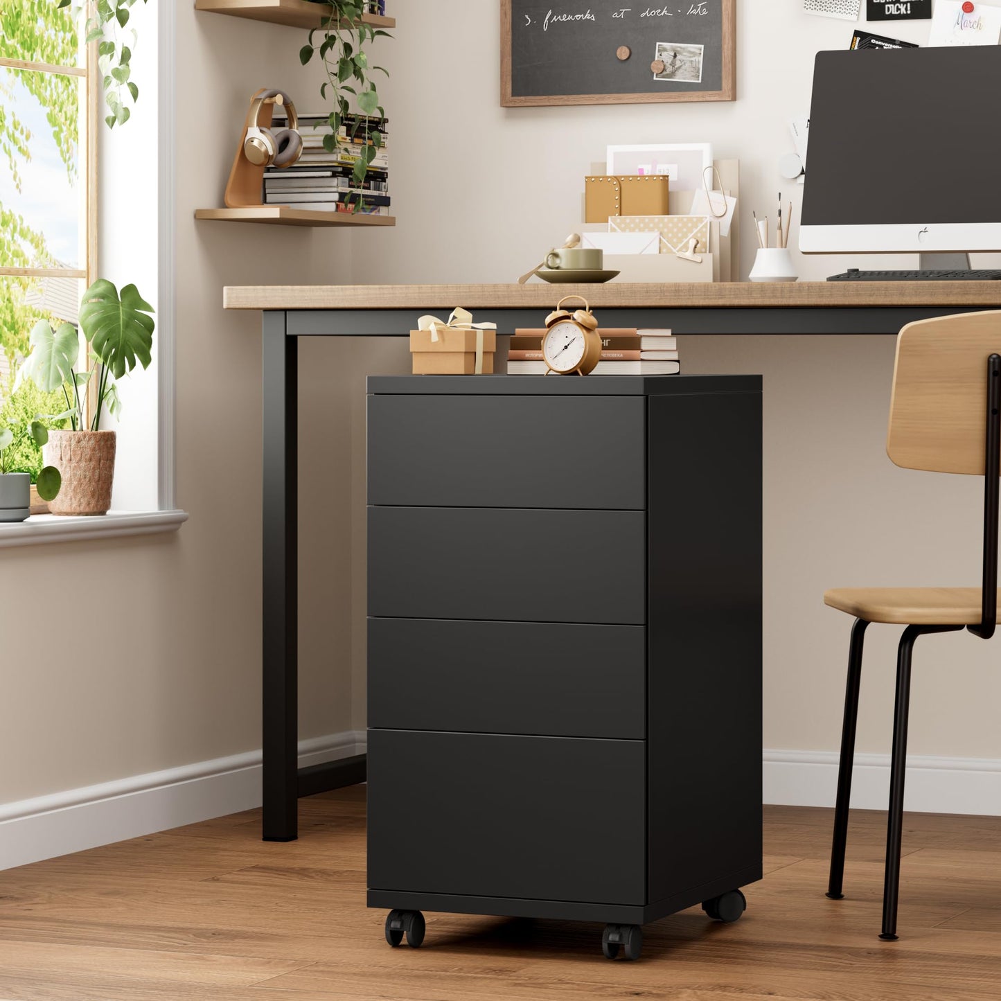 BOTLOG 4-Drawers Chest, Mobile Under Desk Drawer with Locking Casters, Wooden Printer Stand with Wheels, Rolling Craft Storage Cabinet for Home Office, Black