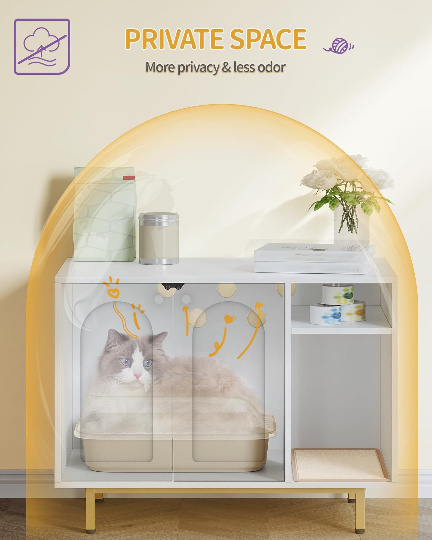 Hzuaneri Cat Litter Box Enclosure,Hidden Litter Box Furniture with Storage, Large Wooden Cabinet with Sisal Mat, Modern Cat Washroom for Living Room, Bedroom, Entryway, White and Gold 01503GCLB