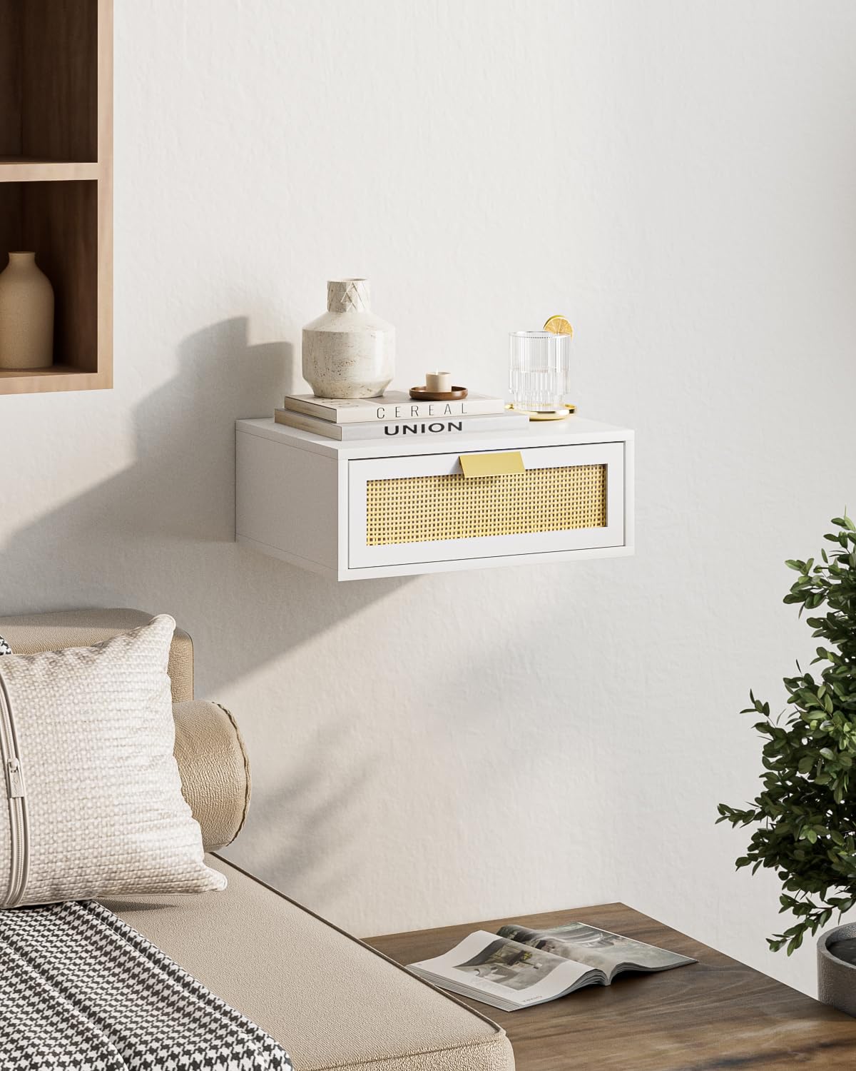 Aienvey Floating Nightstand, Floating Shelf with Drawer, Wall Mounted Nightstand, Floating Bedside Table (White Rattan)