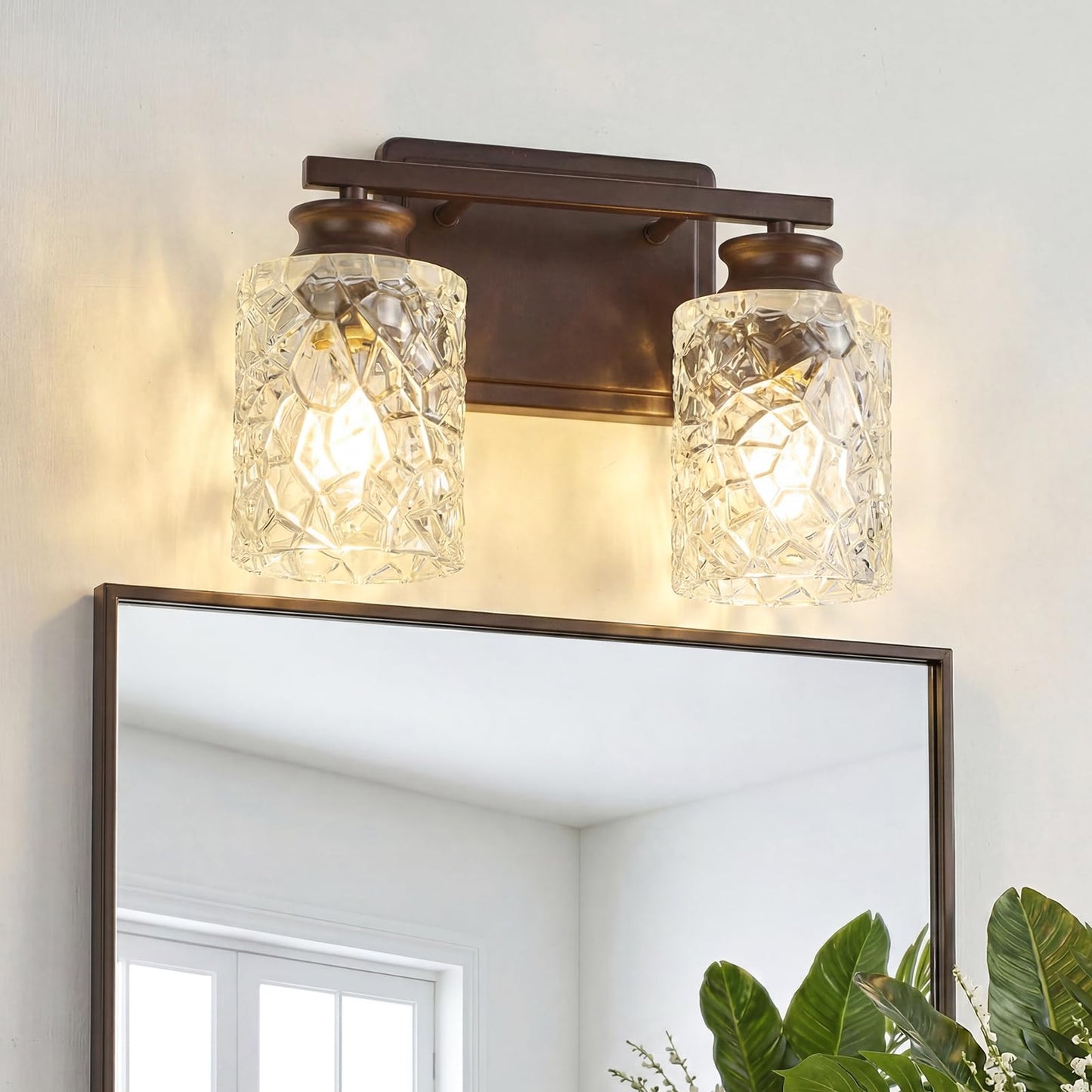 ElilyGiA 2 Light Vanity Light Oil Rubbed Bronze Bathroom Light Fixture with Geometric Crackled Glass Farmhouse Bathroom Lighting for Living Room Bedroom Dressing Table Over Mirror