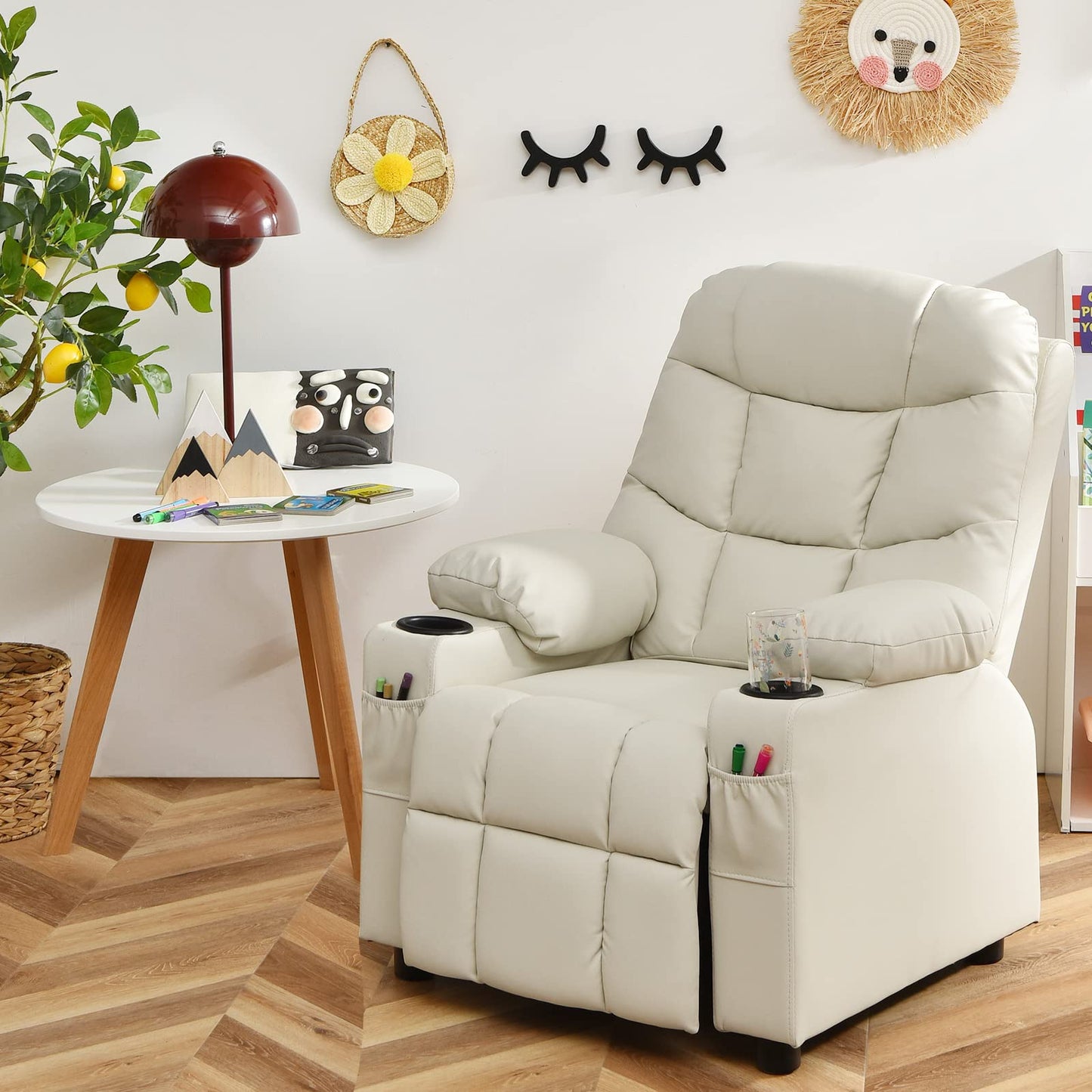 Costzon Kids Recliner Chair with Cup Holder, Adjustable Lounge Chair w/Footrest & Side Pockets for Children Boys Girls Room, Ergonomic Toddler Furniture Sofa, Kids Recliner (Beige)