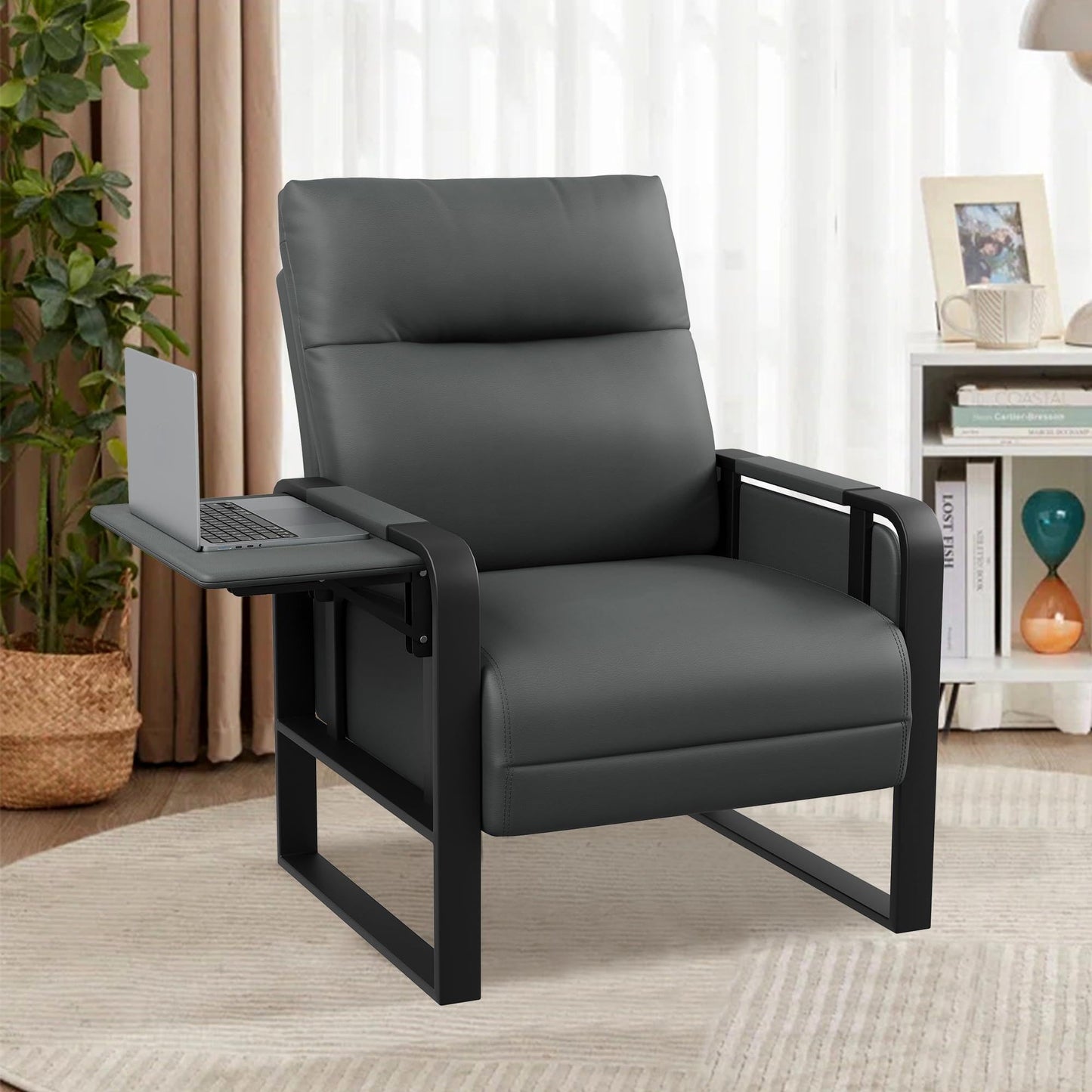Apeaka Modern Faux Leather Accent Chair Upholstered Armchair with Side Table for Bedroom Living Room Chairs Office Chair Grey Leisure Chair