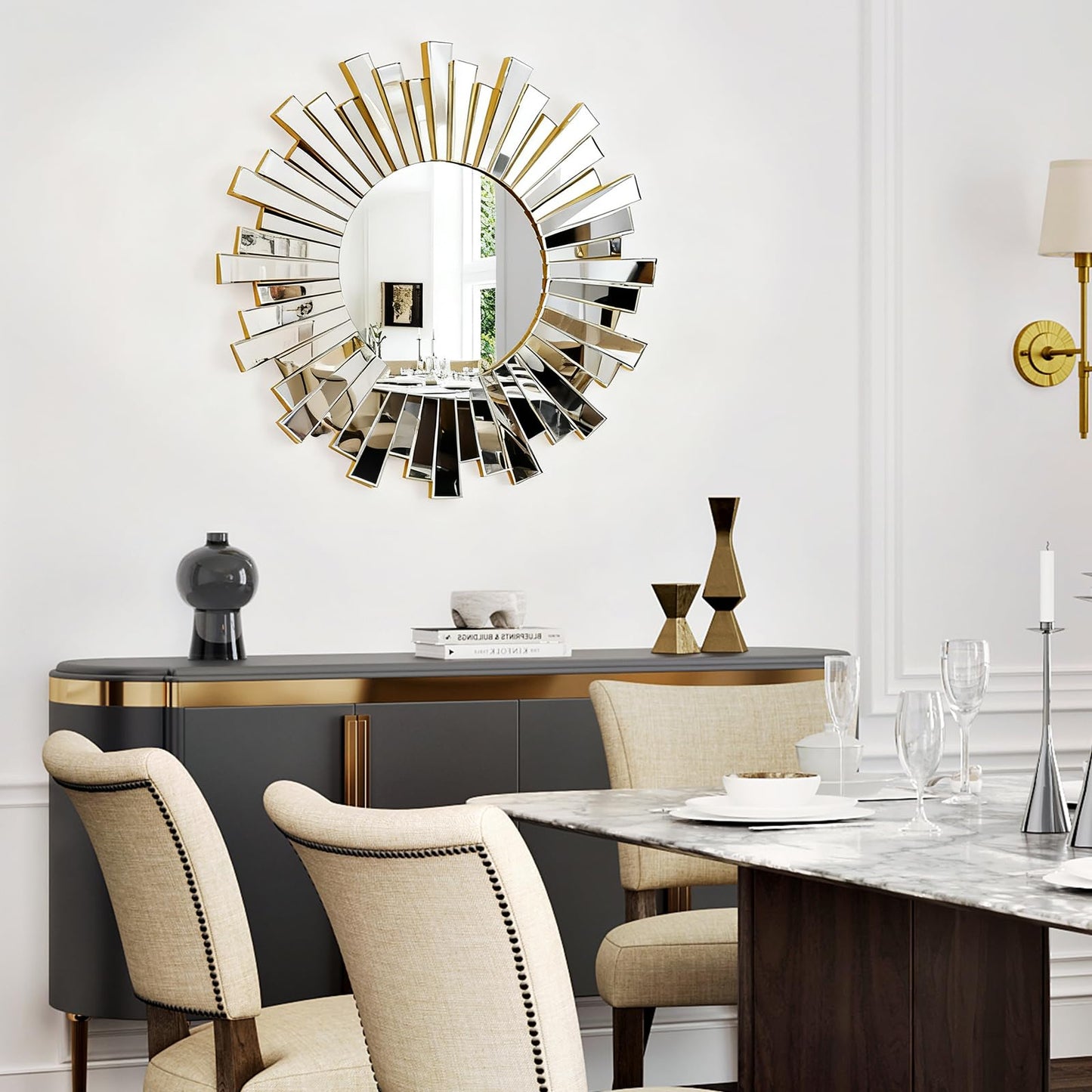 MYOTA Silver Sunburst Wall Mirror, 26" Decorative Round Accent Mirror with Beveled Mirrored Frame, Modern Glam Luxury Wall Decor for Living Room, Bedroom, Entryway, Dining Room and Fireplace