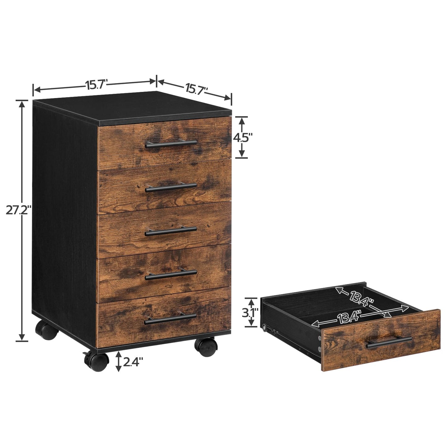 HOOBRO 5-Drawer File Cabinet, Office Filing Cabinet with Drawers, Wooden Mobile Storage Cabinet with Wheels, for Makeup, Home Office, Easy Assembly, Rustic Brown BF05WJ01G1