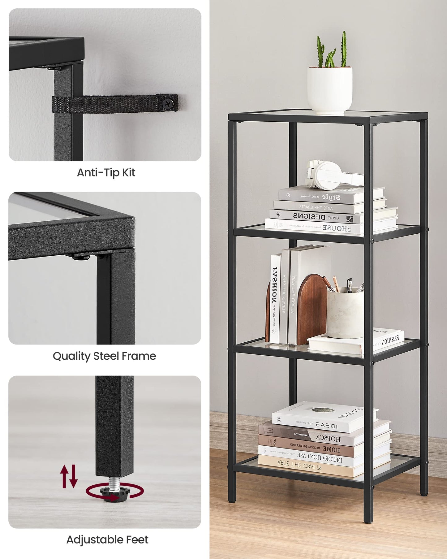 VASAGLE Bookcase, 4-Tier Bookshelf, Slim Shelving Unit for Bedroom, Bathroom, Home Office, Tempered Glass, Steel Frame, Ink Black ULGT028B61