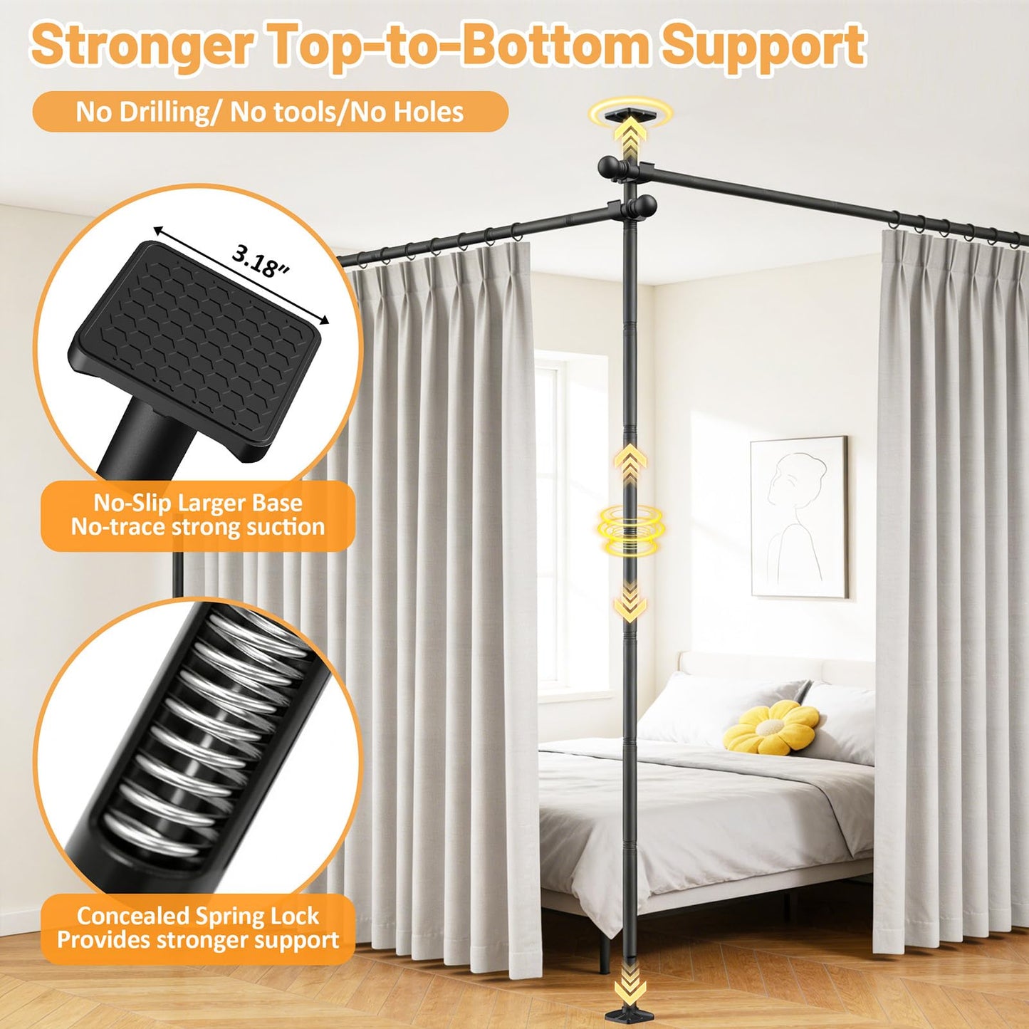 Room Divider Curtain Rod - Heavy Duty Adjustable Curtain Rod for Room Separation, Privacy Room Divider for Bedroom, 10-11ft(H) 58-116inch(W),Easy Install Wall Divider Curtain Rod,Black