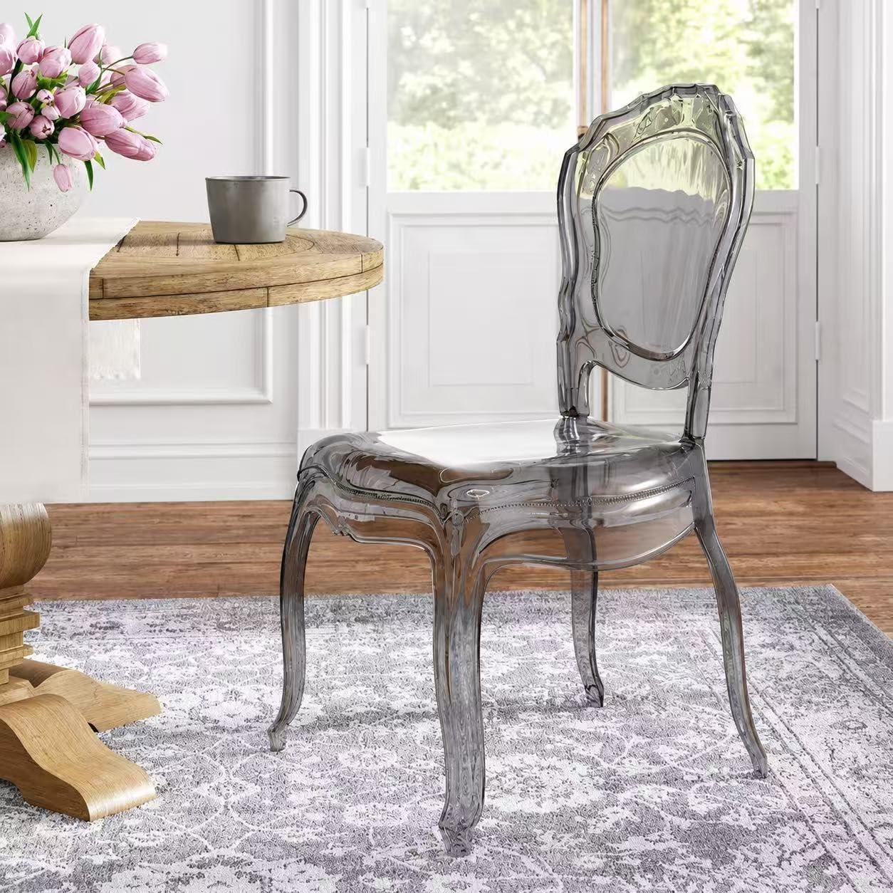 2xhome Stackable Ghost Dining Chair | Transparent Vanity Armchair | Louis Belle Style Kitchen Patio Chair Parent (1, Smoke, Armless)
