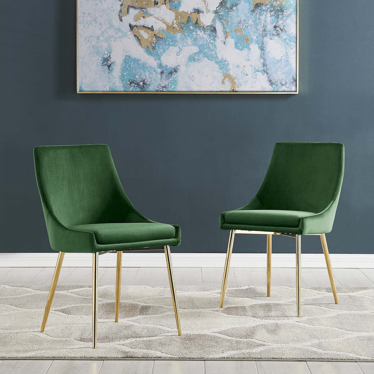 Modway Viscount Performance Velvet Upholstered Side Dining Chairs in Gold Emerald - Set of 2