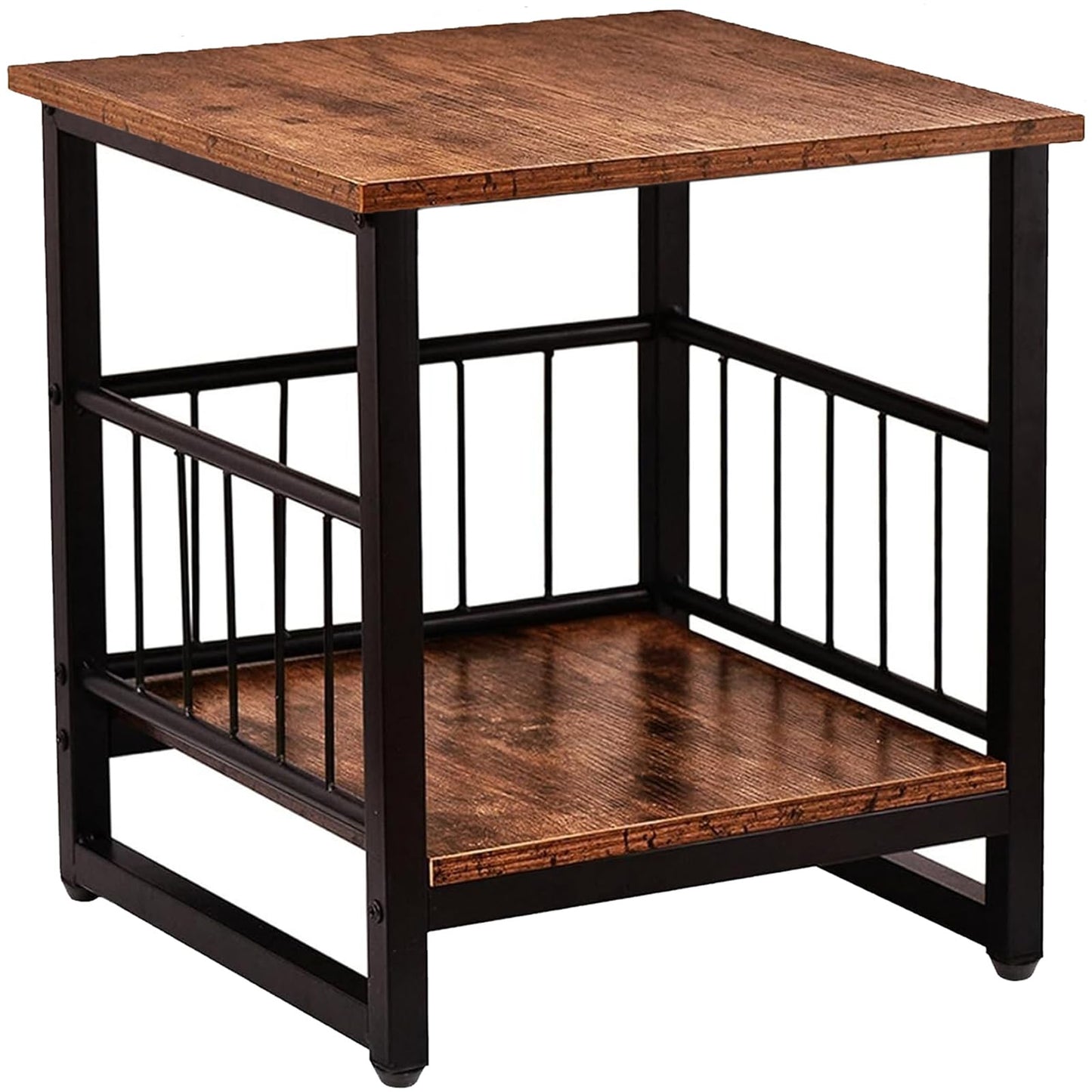 End Table, Industrial Side Table with 2-Tire Storage Shelf, 180LBS Mini Fridge Stand with Adjustable Feet, 18"x18" Wood Night Stand Small Bedside Table with Sturdy Metal Frame for Living Room Bedroom