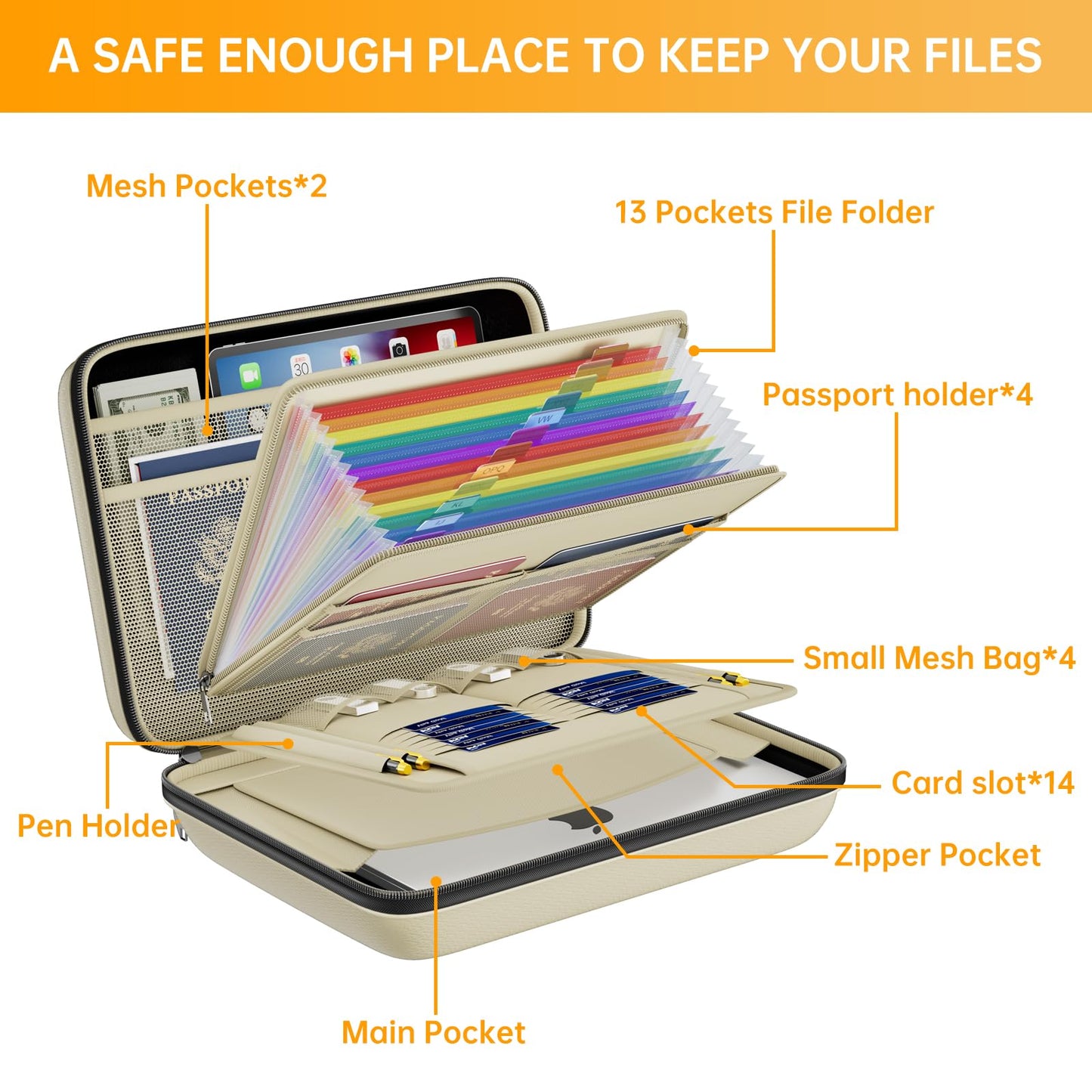 DocSafe Fireproof File Organizer with Lock, Hard-Shell Case Fireproof Document Box with 13 Pocket Accordion File Folder, Portable Home Office Travel Safe Storage for Important Documents Laptop Beige