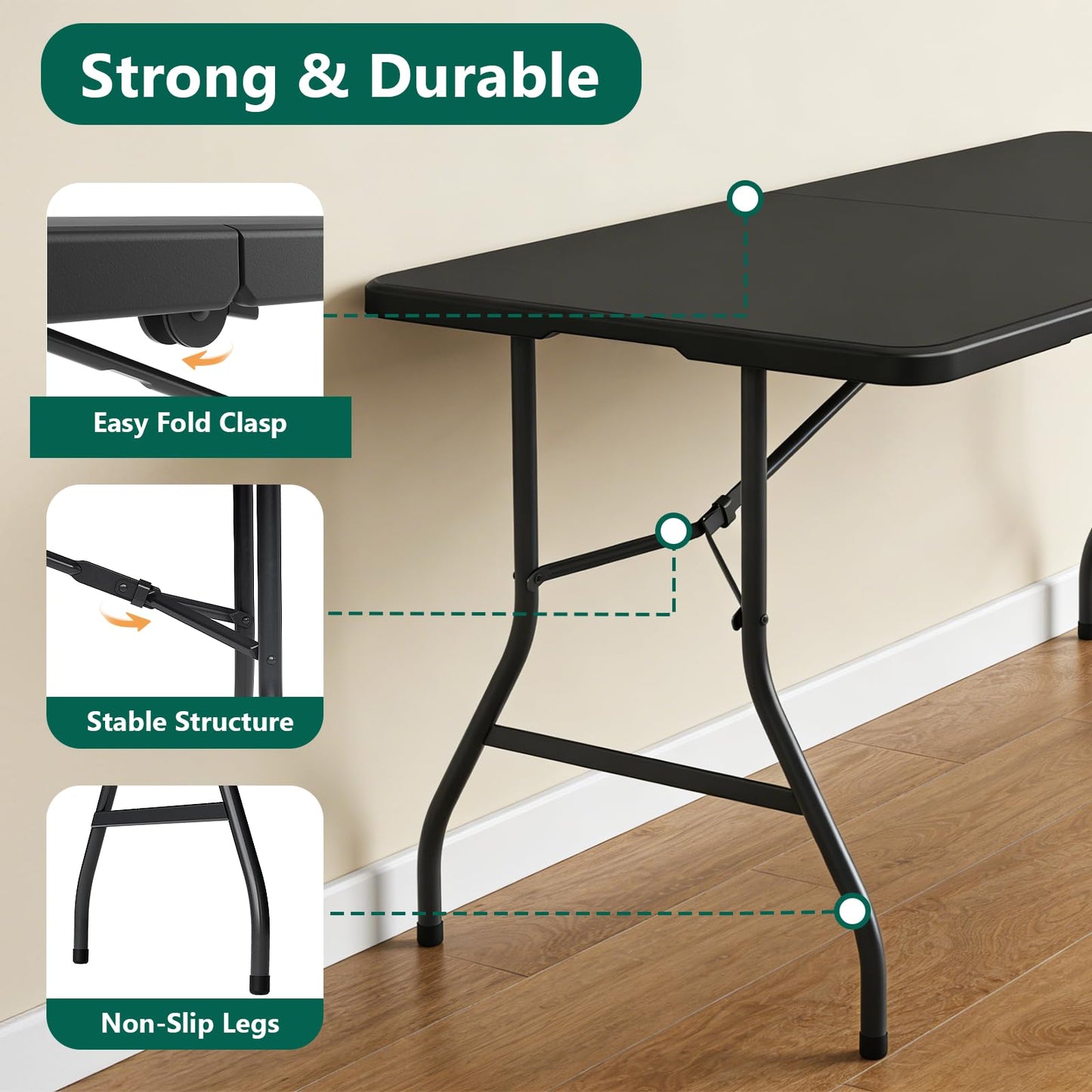 MAKE CHANGES Folding Table 5FT Heavy Duty Plastic Table with Handle, Foldable&Portable, Fold-in-Half Utility Tables for Outdoor, Dining, Wedding, Events, Indoor, Picnic, Camping, Party, Coffee Black