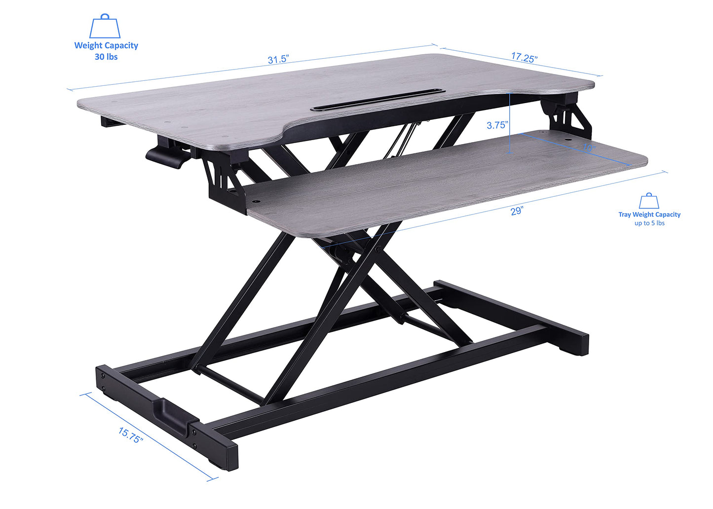 Rocelco Standing Desk Converter with Dual Monitor Mount - 31.5 Inch Sit Stand Up Tabletop Riser with Tablet Holder, Height Adjustable Workstation - Deep Keyboard Tray for Laptop - Gray (R VADRG-DM2)