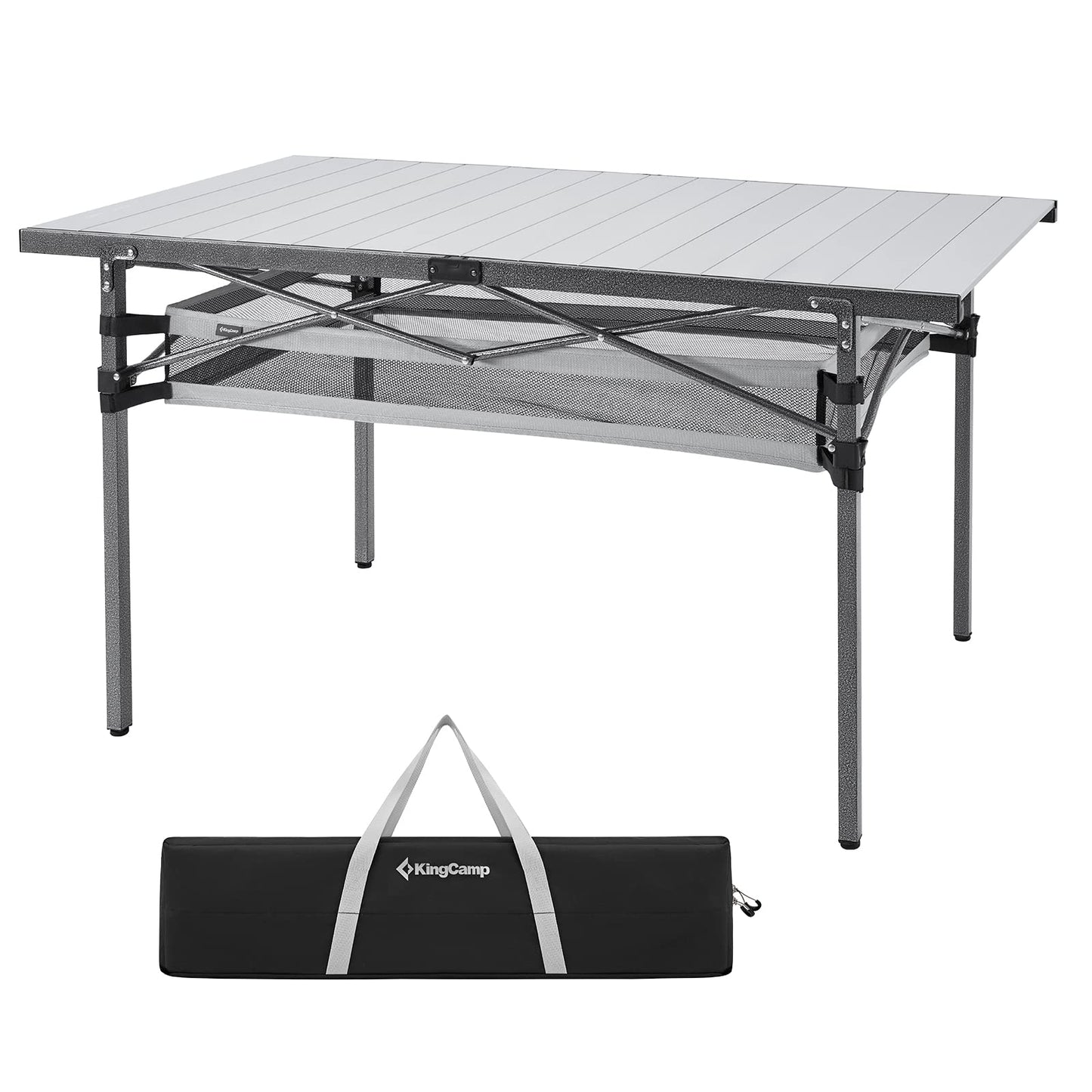 KingCamp Folding Camping Table, Aluminum Roll-Up Camp Table, Large Foldable Table for 6-8 Person, Outdoor Portable Tables with Carry Bag, 180 LBS Heavy Duty Load (Silver+Mesh：53.5" × 27.5")