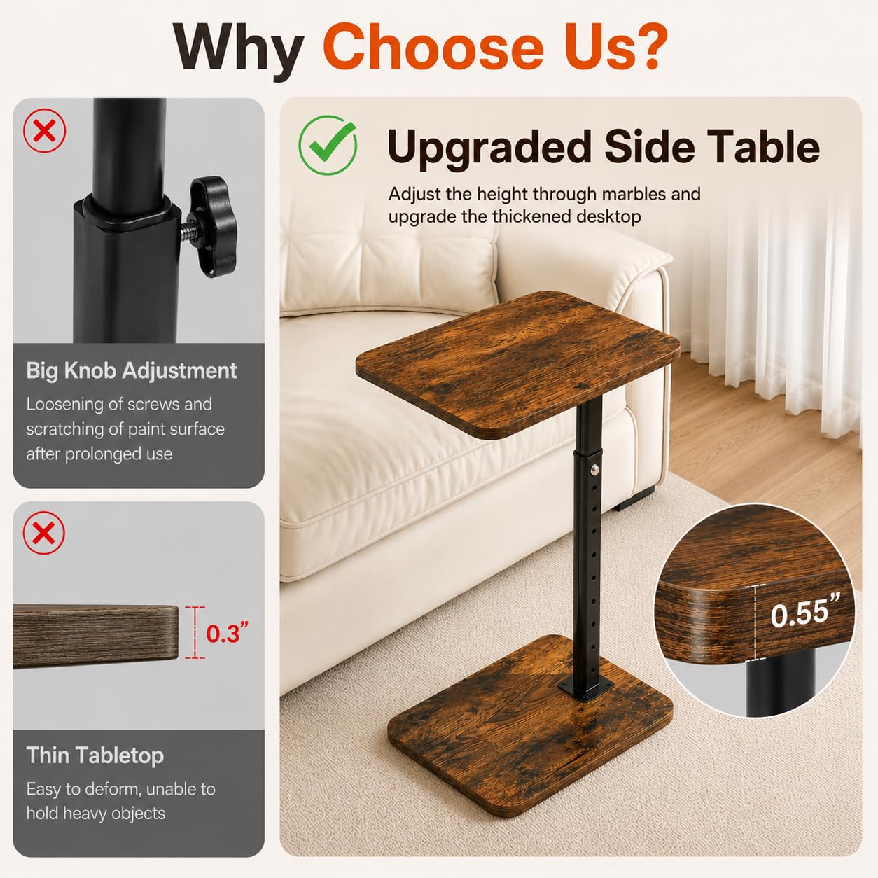 Ginyoyo C-Shaped TV Tray Table, Height Adjustable Side Table, End Tables for Living Room, Snack Table for Sofa, Bed, Couch, Bathroom, End Side Table for Eating, Dinner, Laptop, Small Spaces