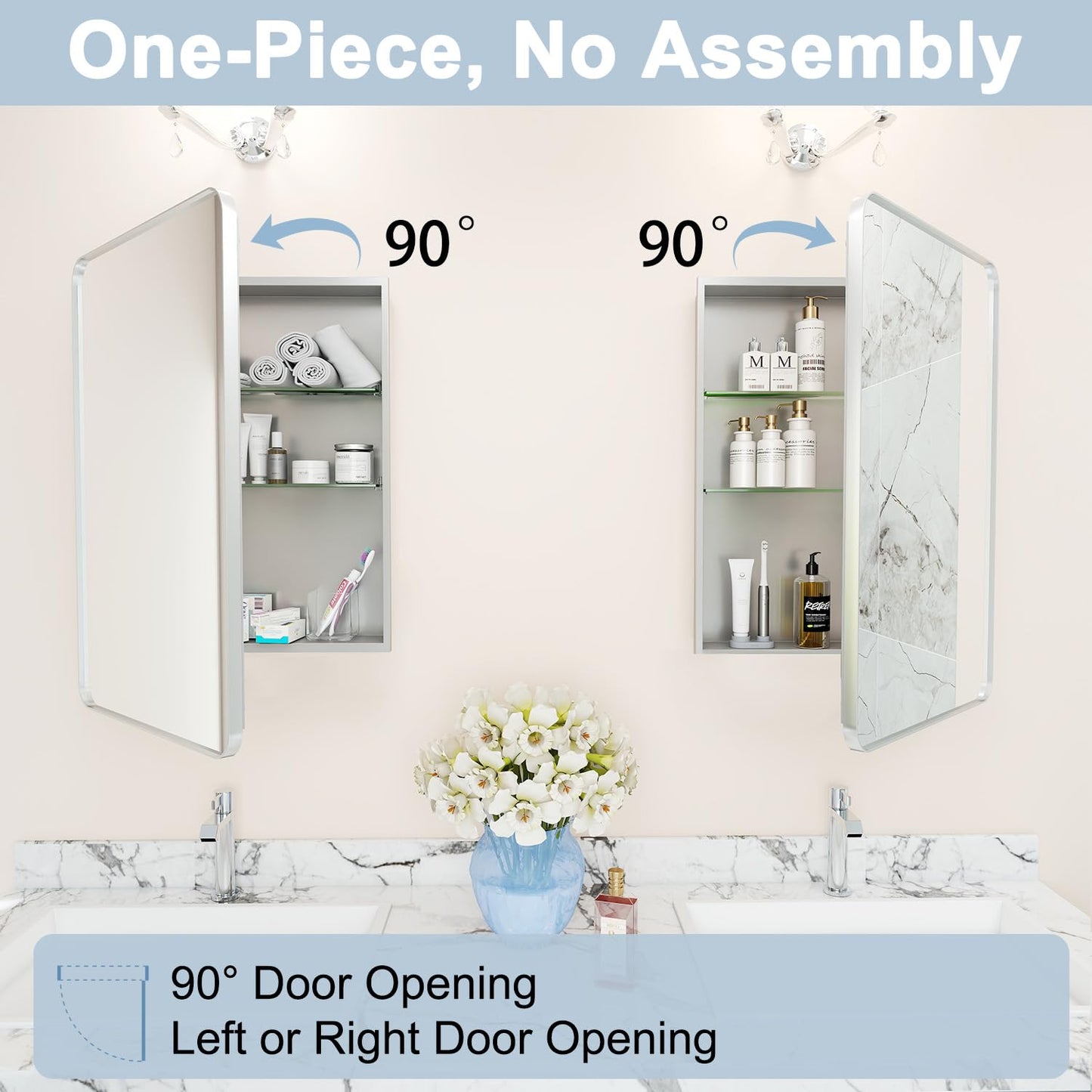 Venlus Silver Medicine Cabinet with Mirror, 16x24 Fully Assembled Recessed or Surface Mount Bathroom Medicine Cabinet, Metal Mirrored Cabinet with Adjustable Storage Shelves