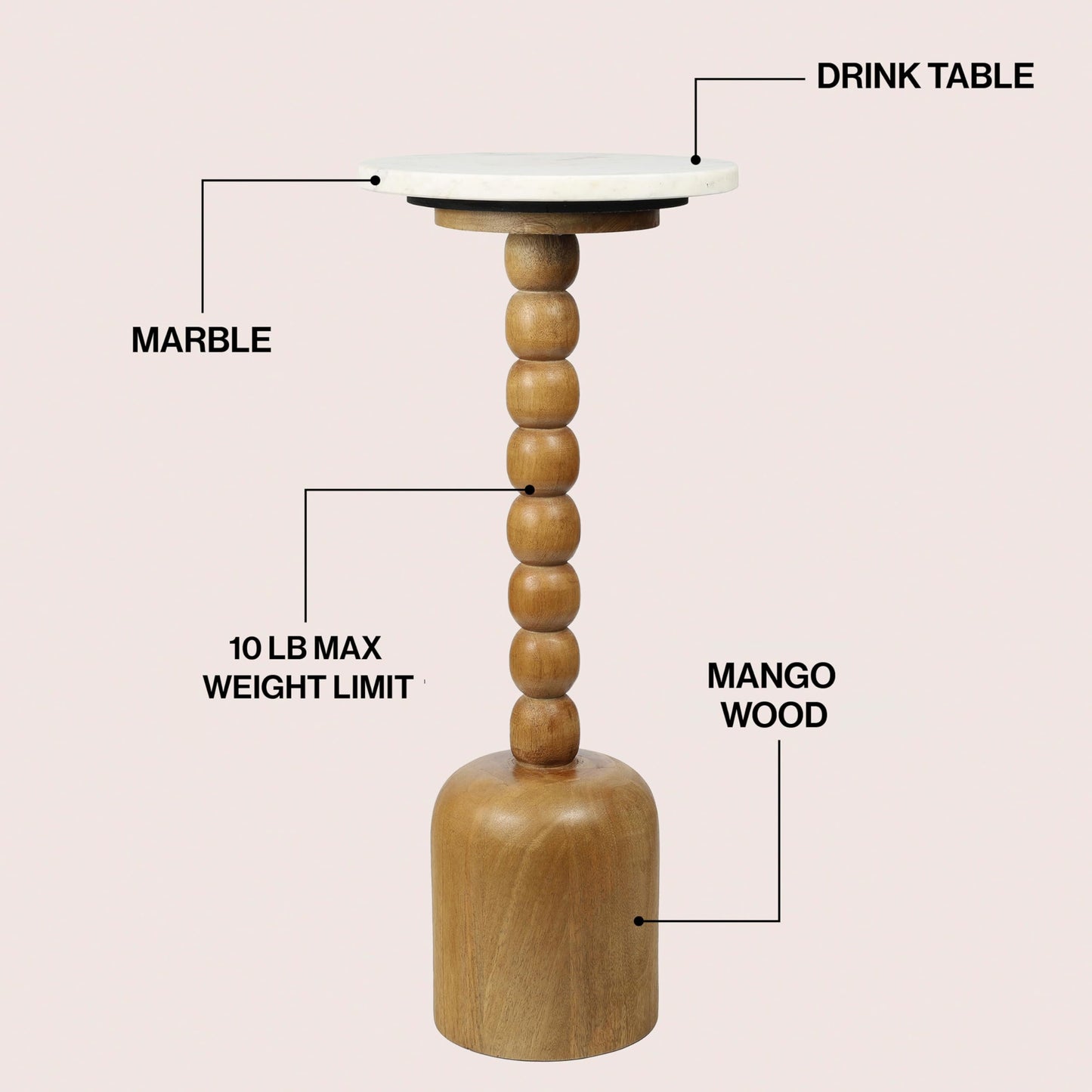 JONATHAN Y Turner Natural Mango Wood Round Drink Table, 24.5" Tall Pedestal Accent Martini Table with Bobbin Spool Leg for Small Spaces, Living Room and Bedroom, White & Natural END3002A