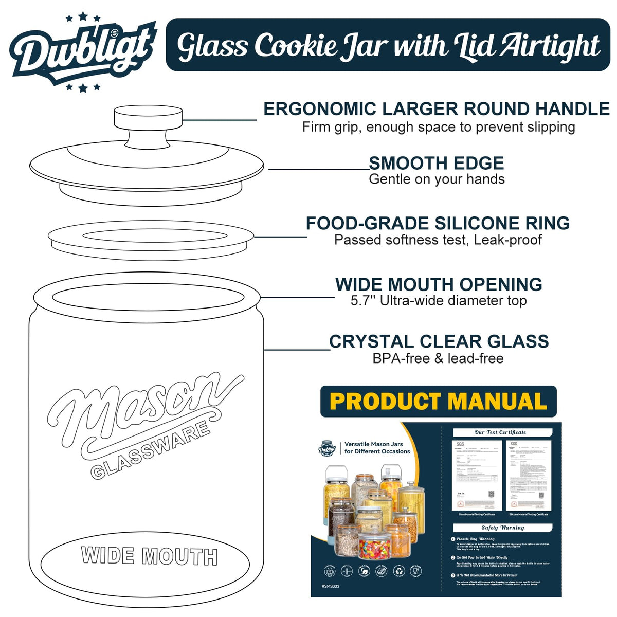Dwbligt 1 Gallon Glass Cookie Jar with Lid Airtight, Large Wide Mouth Sourdough Starter Jar for Baked Goods - Glass Storage Container for Pantry Organizer, Laundry Room, Flour, Dog Treats, Meal Prep