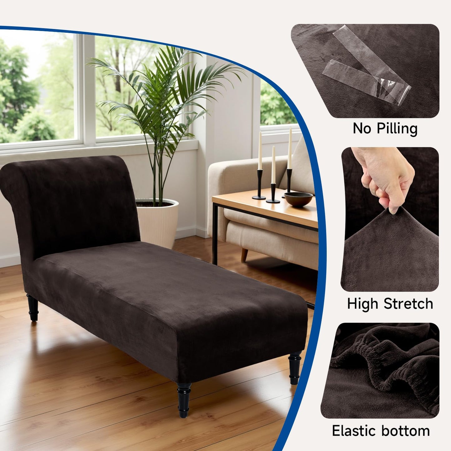 Velvet Chaise Lounge Cover Indoor Armless Chaise Slipcover Luxury High Stretch Ultra Soft Lounge Chair Covers Modern Machine Washable Chair Cover for Living Room Bedroom Furniture, Brown