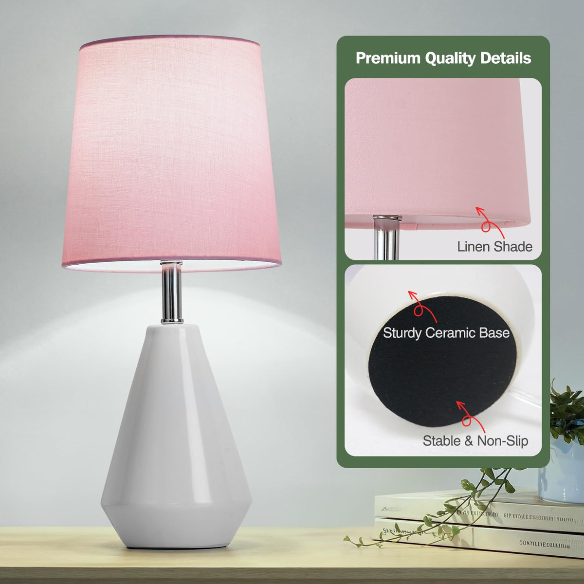 bdayanx Small Bedside Table Lamp for Bedroom-Reading Desk Lamp Set of 2,with 3 Color Temperatures,15.5" Nightstand Ceramic Lamp with Fabric Shade for Kids Room,Living Room,Dorm,Home Office