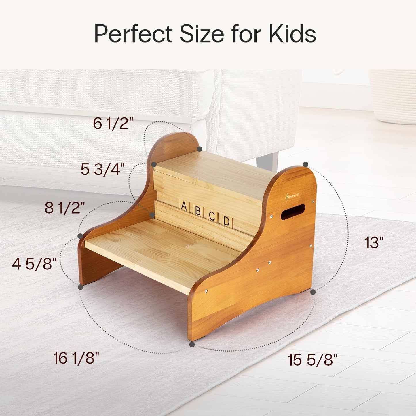 StrongTek Wooden 2-Step Stool, Lightweight Pine Wood Step Stool with Non-Slip Pads, Easy-Clean Personalized Name Display Stool for Bedroom, Playroom, and Home Use
