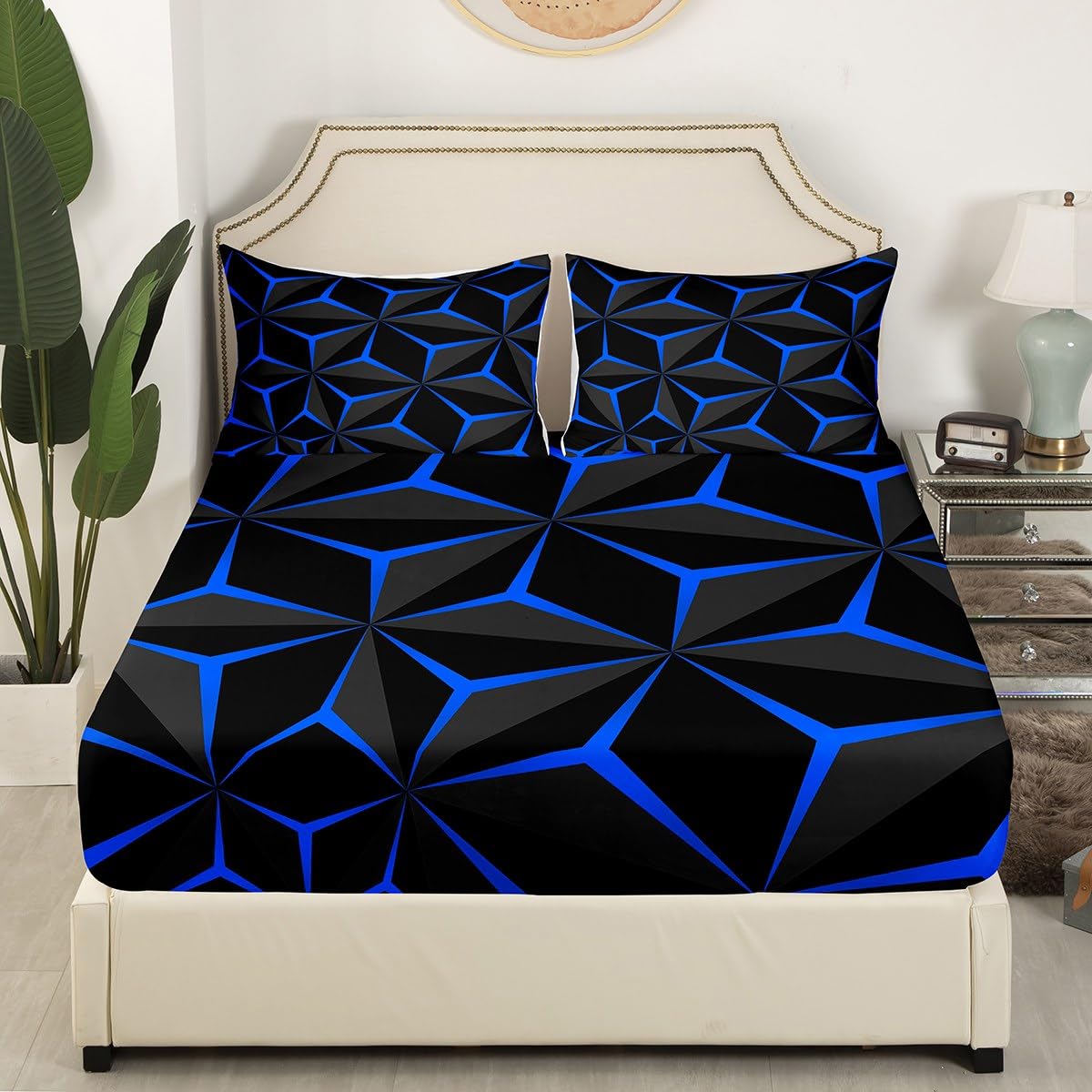 Feelyou Neon Honeycomb Sheet Set Twin Size,Geometric Stereoscopic Theme Teens Boys Bedding Set,Adults Bedroom Decoration 3D Blue Print Fitted Sheet All Season