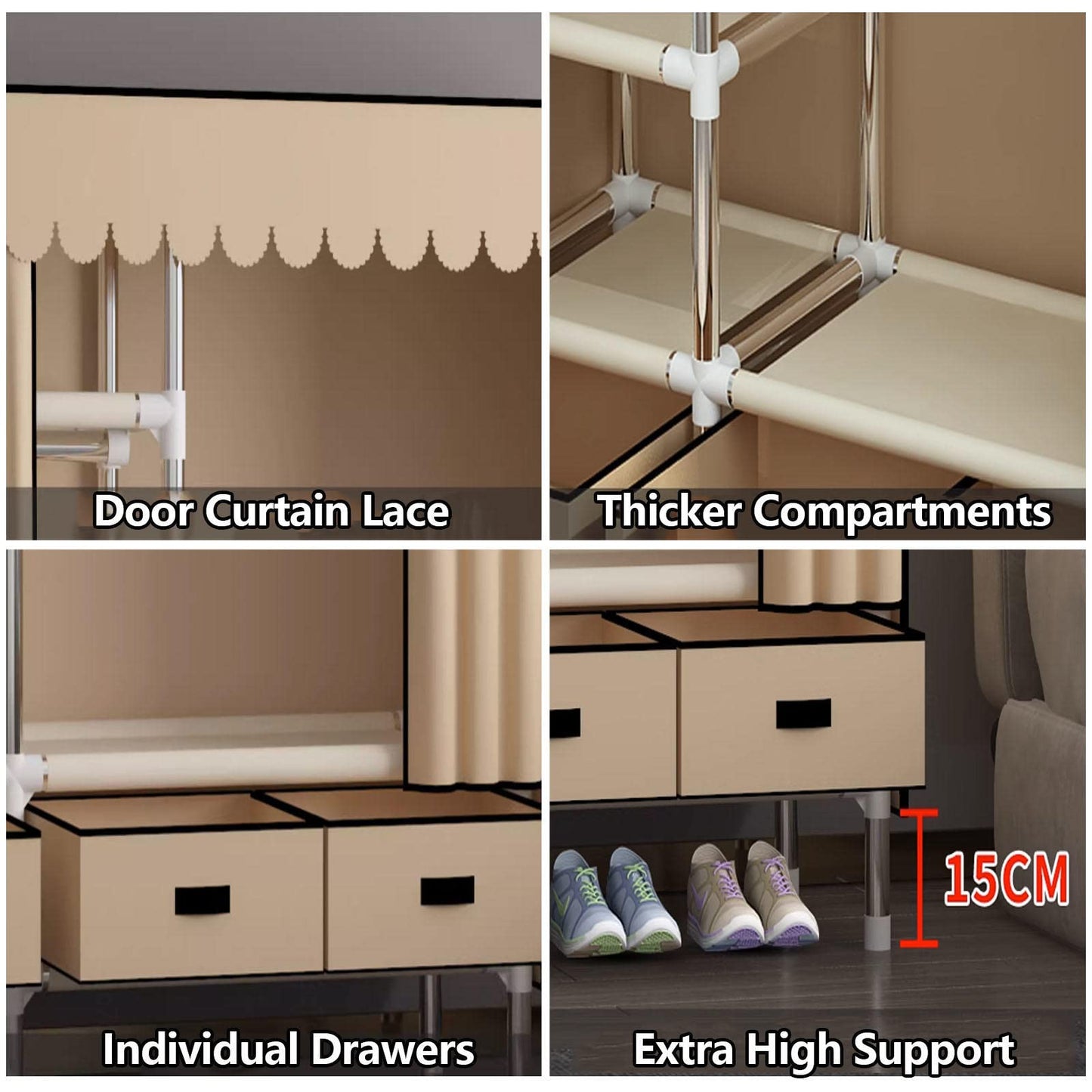 WuDLi Portable Canvas Wardrobe, Fabric Wardrobe with Hanging Rail, Shelves, Clothes Closet Storage Organizer, Fabric Wardrobe for Bedroom,Pink-140x45x168cm
