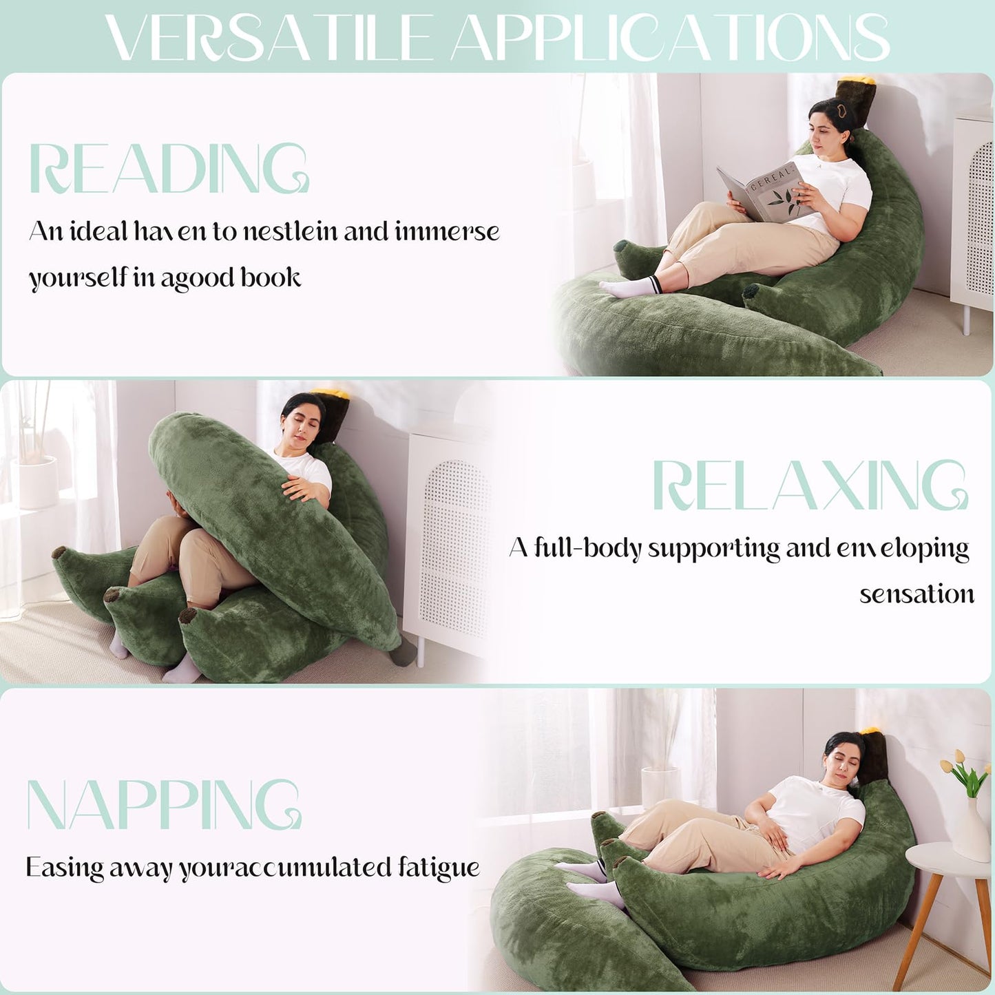 IEVENW Banana Bean Bag Chair with Ottoman, Floor Sofa Bed with Footrest, Comfy Convertible Lounger for Adults, Plush Couch for Bedroom, Living Room or Dorm, L-DarkGreen