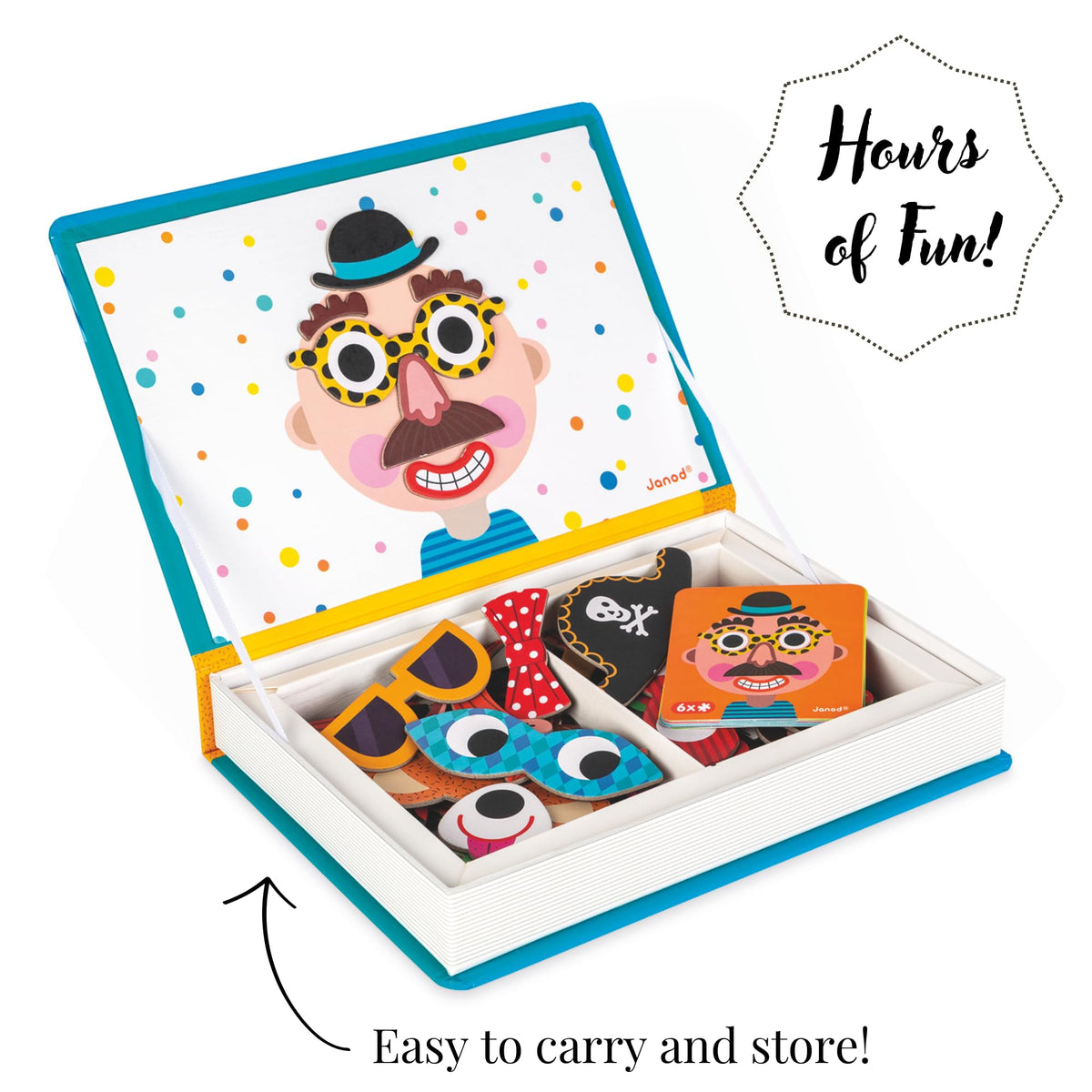 Janod - Magnetibook 83 Pc Magnetic Boy Crazy Face Dress Up Game - Decorating Fridge with Magnetic Letters - Enhances Creativity and Learning - Boosts Self-Confidence - Portable and Easy Storage