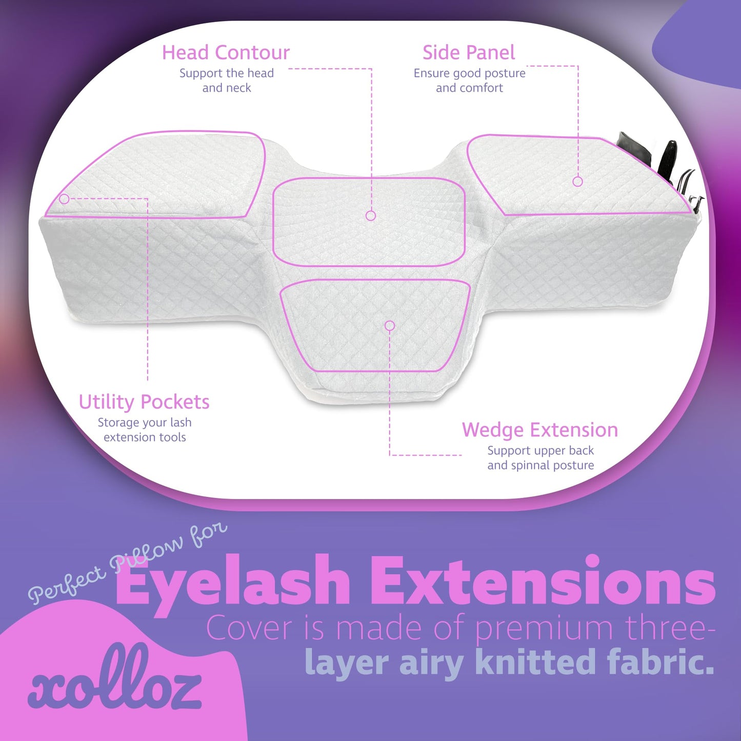 XOLLOZ Lash Pillow for Eyelash Extensions - Curved Memory Foam Bed Pillow, Ergonomic Head Rest with Neck Support, Side Pockets for Tools, Fits Lash Beds Tech – White