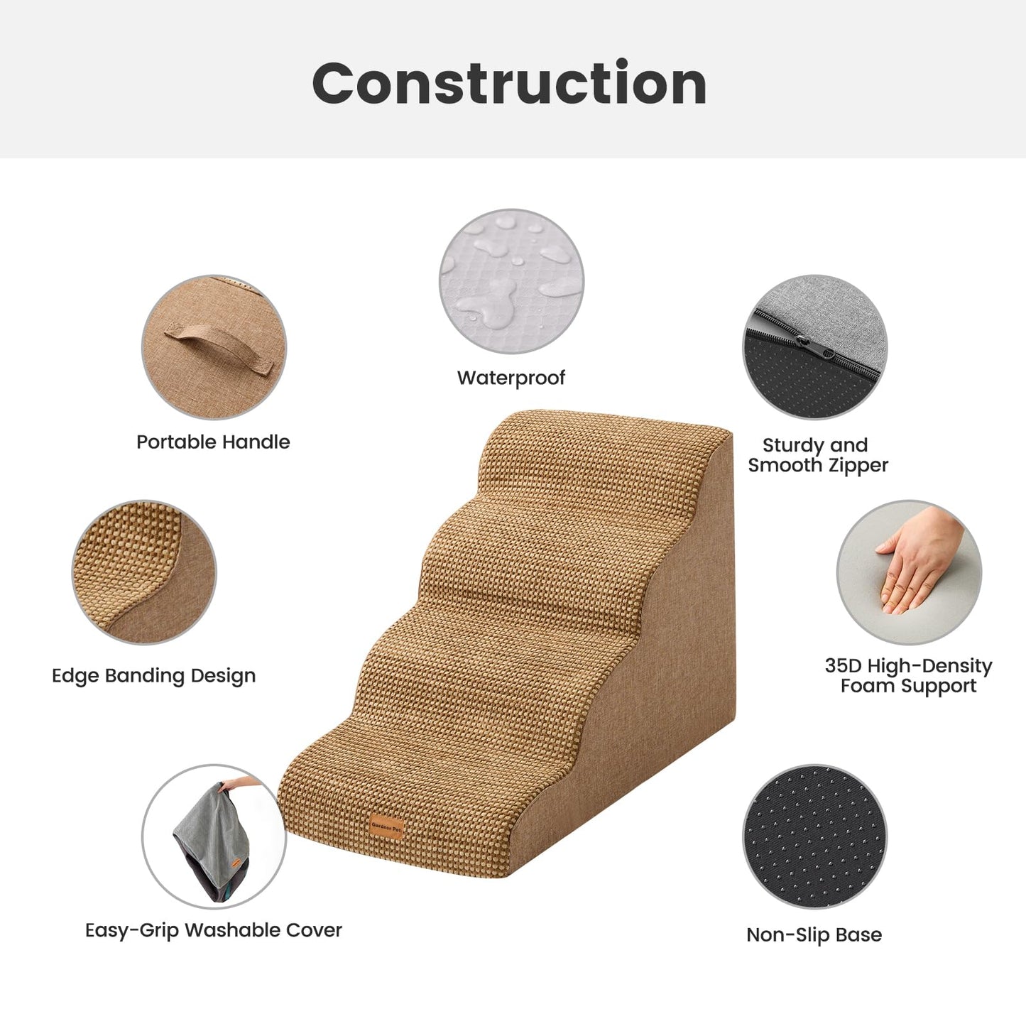 Gardner Pet Dog Stairs for Small Dogs 19.7" H, 4-Step Brown Curved Pet Stairs, Dog Steps for High Bed (18-24 in), Couch with Durable Non-Slip Waterproof Fabric Cover and CertiPUR-US Certified Foam