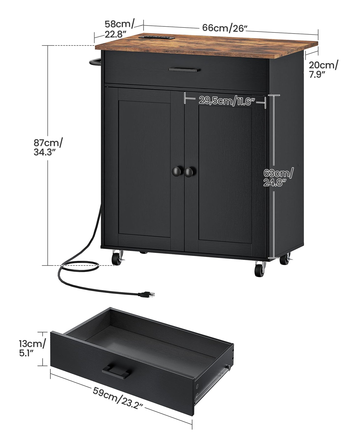 CHOEZON Kitchen Island, Kitchen Island Cart with One Double Cabinet and Drawer, Rolling Storage Cart with Power Strip, with Drop Leaf, for Kitchen, Living Room, Black and Rustic Brown MZD01UBFN1