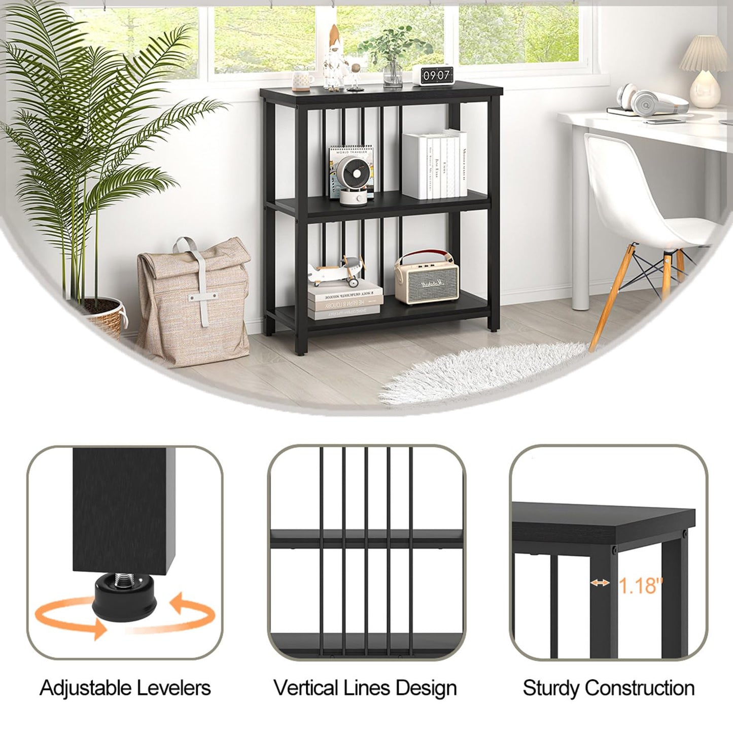 FOLUBAN Bookshelf, Modern 3 Tier Bookcase, Wood and Metal Book Shelves for Living Room Office Bedroom, Rustic Black Oak