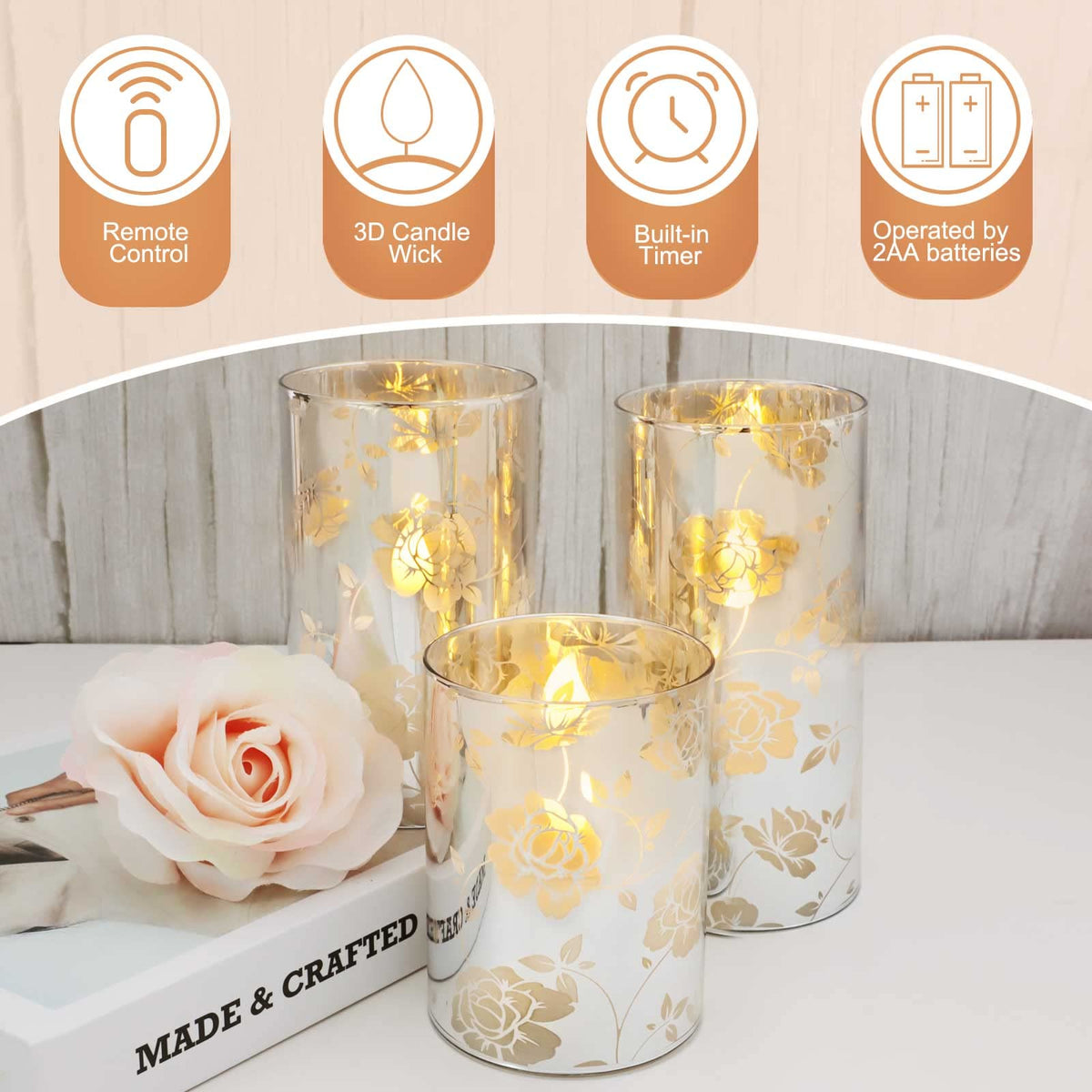 Floral Glass Flameless Candles Rose Romantic Battery Operated Candles with Remote Flickering LED Silver Real Wax Pillar Candle for Valentine's Day Wedding Party Home Christmas Decor, Set of 3