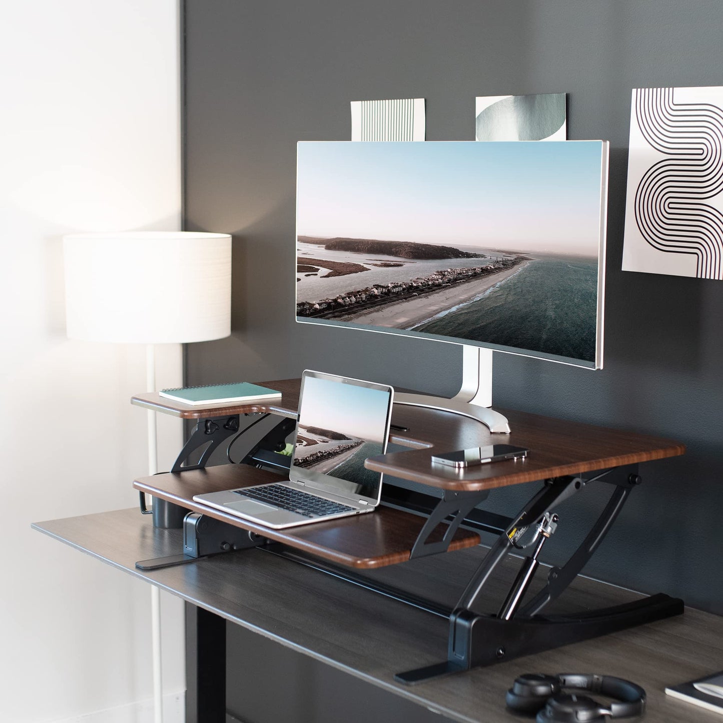 VIVO 42 inch Height Adjustable Stand Up Desk Converter, V Series, Quick Sit to Stand Tabletop Dual Monitor Riser Workstation, Dark Walnut Top, Black Frame, DESK-V000VLD