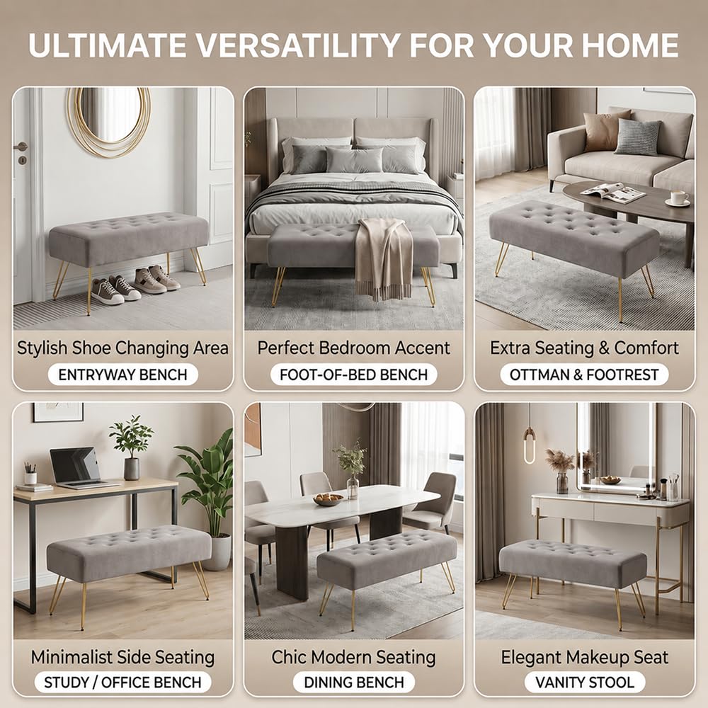 Velvet Button-Tufted Entryway Bench, 39.37" Modern Upholstered Bedroom Bench with Gold Metal Legs, Padded Rectangular End of Bed Bench for Living Room, Dining Room (Grey)