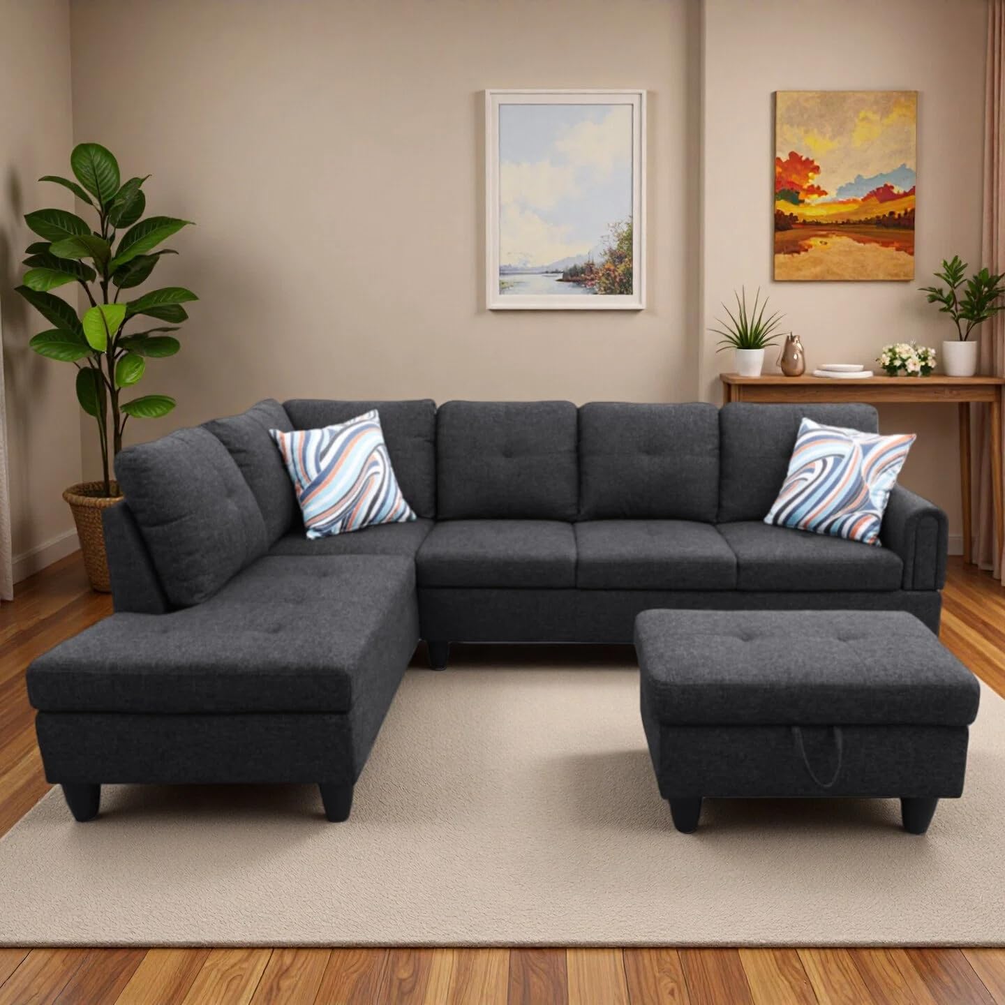 Trygoal L-Shaped Sectional Sofa with Movable Chaise & Storage Ottoman, Lounge 3-Piece Modular Convertible Couches for Living Room, Apartment & Office, Blackish Gray