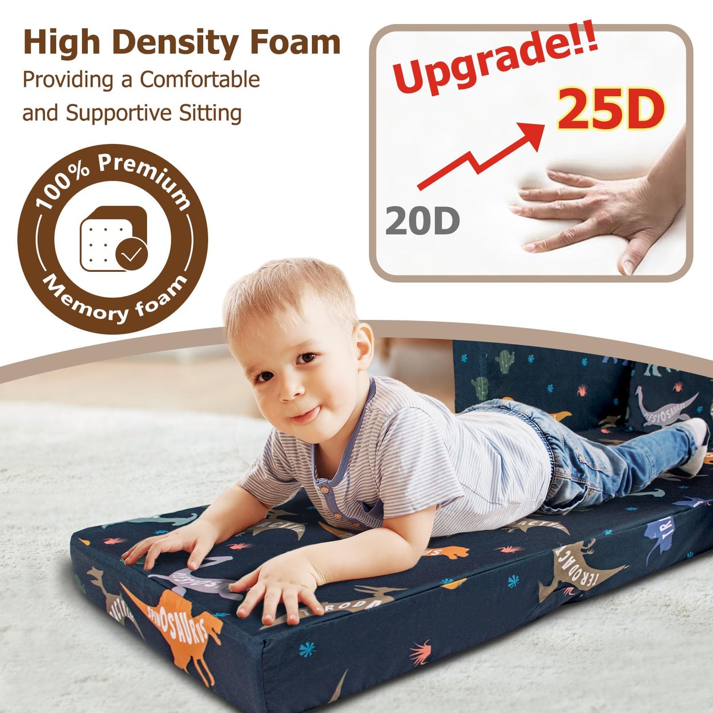 Beavtaens Kids Couch, 2-in-1 Kids Fold Out Couch, Convertible Kid Sofa to Lounger for Girls and Boys, Soft Toddler Chairs Comfy 1-3 Years Old (Dinosaur)