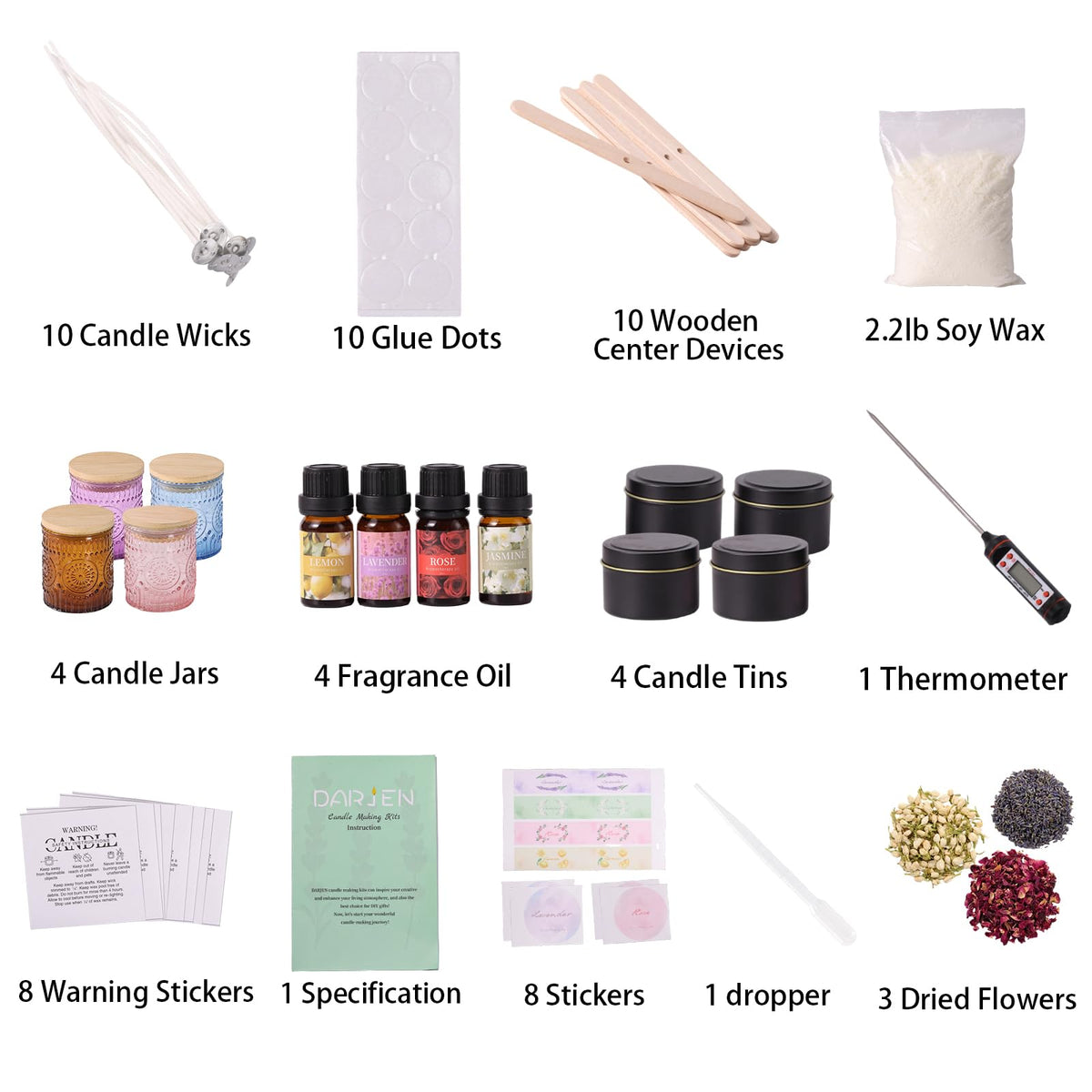 DARJEN Candle Making Kits - Soy Candles Making Supplies for Adults Including 4 Candle Jars(Amber, Pink, Blue, Purple), Candle Tins, Wax, Scents, Dried Flower & More, DIY Arts & Crafts Kits Home Decor