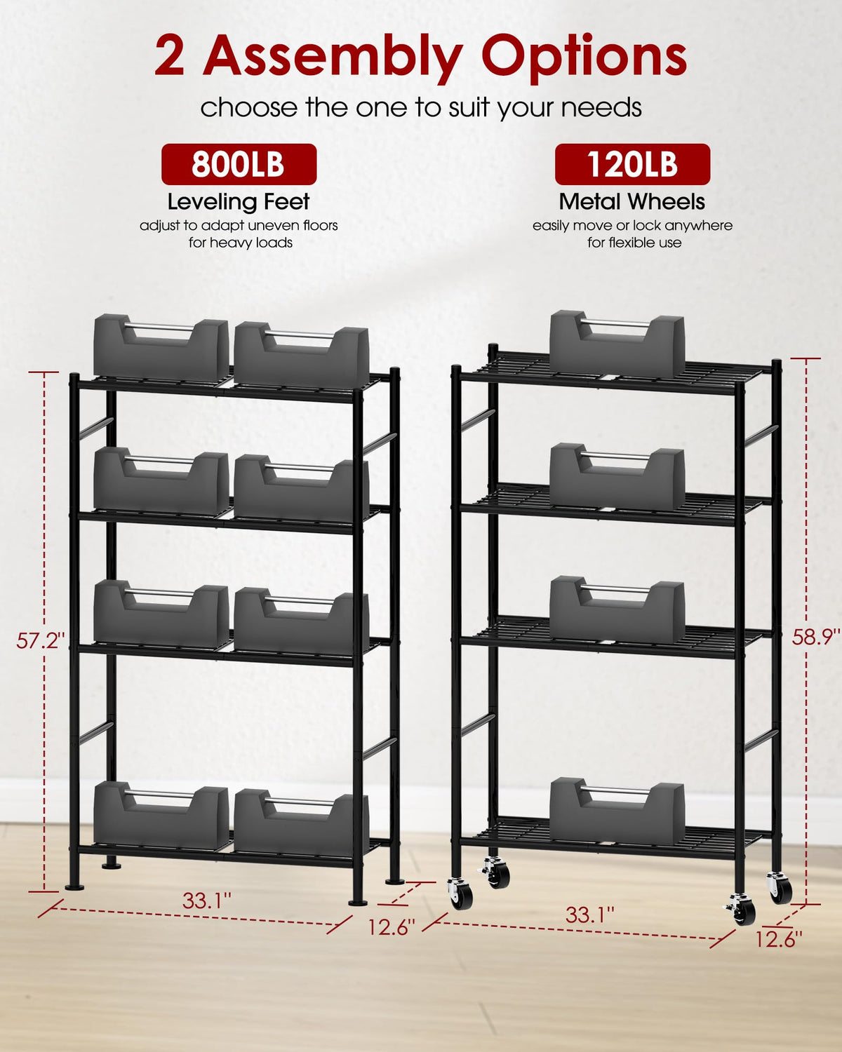 Sakugi Storage Shelves Organizer - 4 Tier Metal Shelf Organizer with Metal Wheels and Adjustable Leveling Feet, Heavy Duty Garage Shelving for Kitchen, Pantry and Closet, 33.1"x12.6"x58.9", Black