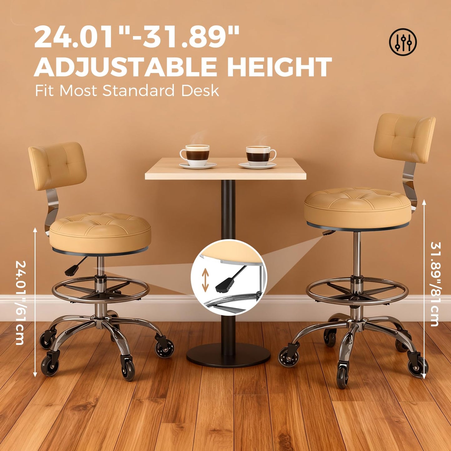 FREEKYROCK Office Drafting Chair with Footrest, Tall Height Adjustable Stool with Back Support, Heavy Duty Rolling Stool Chair with Wheels for Office Home Kitchen Bar Shop Guitar Studio Vanity, White
