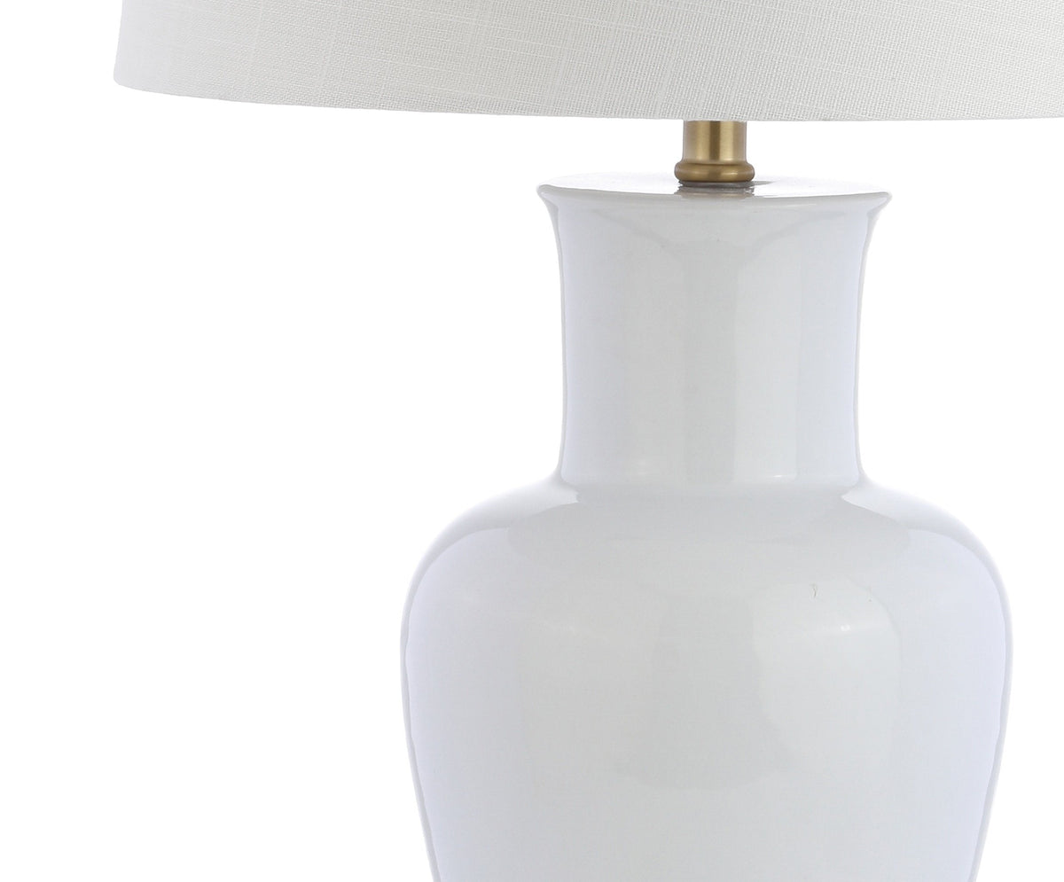JONATHAN Y 29" White/Gold Traditional Ceramic Urn LED Table Lamp for Bedroom Decor, White Linen Drum Shade, Classic Nightstand Lamp for Living Room, LED Bulb Included JYL4026A