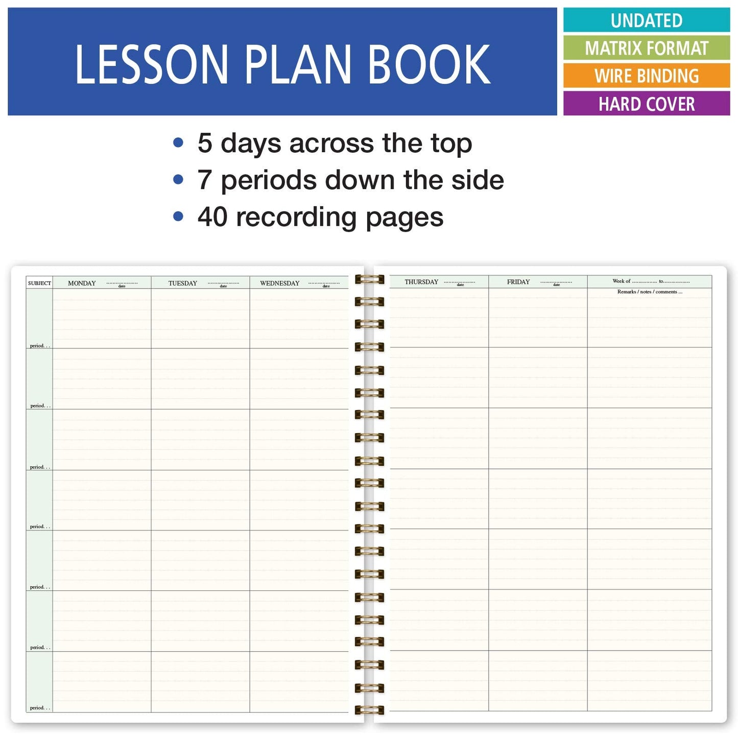 Elan Publishing Company HARDCOVER 7 Period Teacher Lesson Planner - Days Horizontally Across the Top with Bonus Clip-in Bookmark (Pink Marble)
