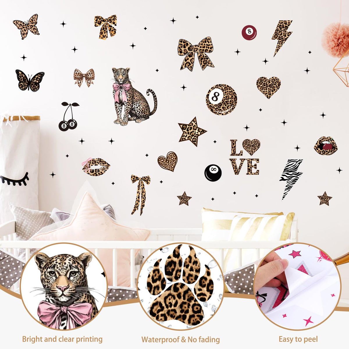 Wxiben Cheetah Print Wall Decals - 200 Pcs Leopard Print Walls Stickers Decor for Room Y2K Bow Star 8 Ball Peel and Stick Wall Decals for Home Bedroom Living Room Classroom Apartment Dorm