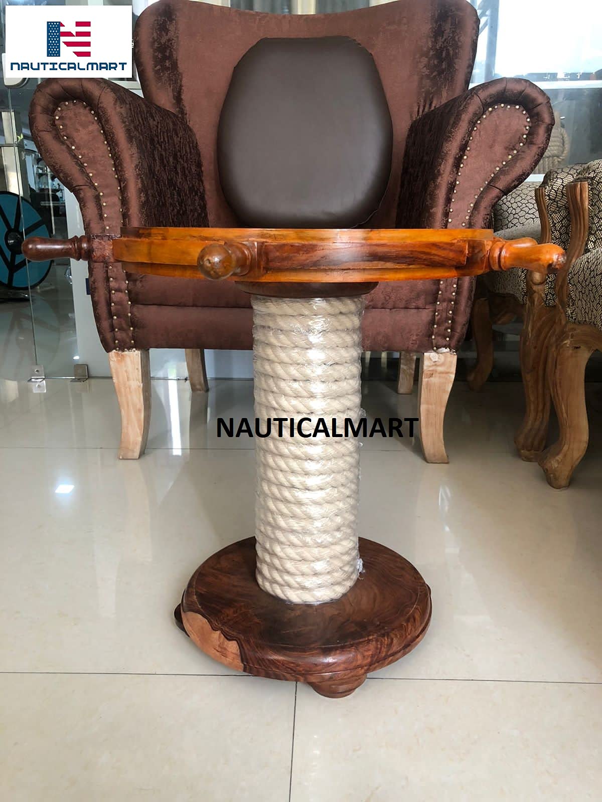 Nautical-Mart Wooden Ship Wheel Table w/Rope Base Home Office Furniture Decor (30 Inches)